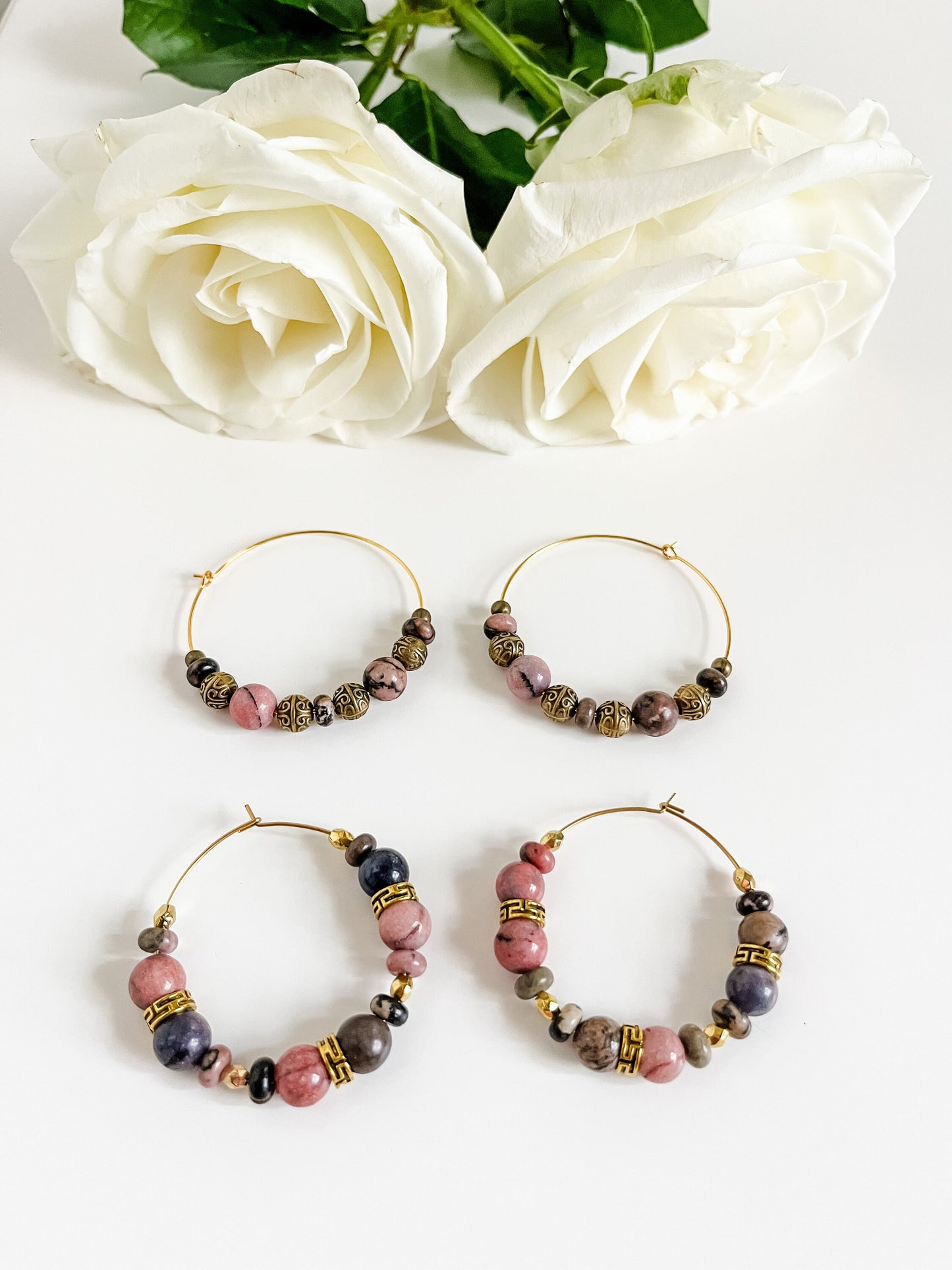 Boho Big Bead Hoop Earrings, Boho Tribal Chic Earrings, Western Coastal Cowgirl Chic Earrings, Bronze and Rhodonite Beaded Earrings