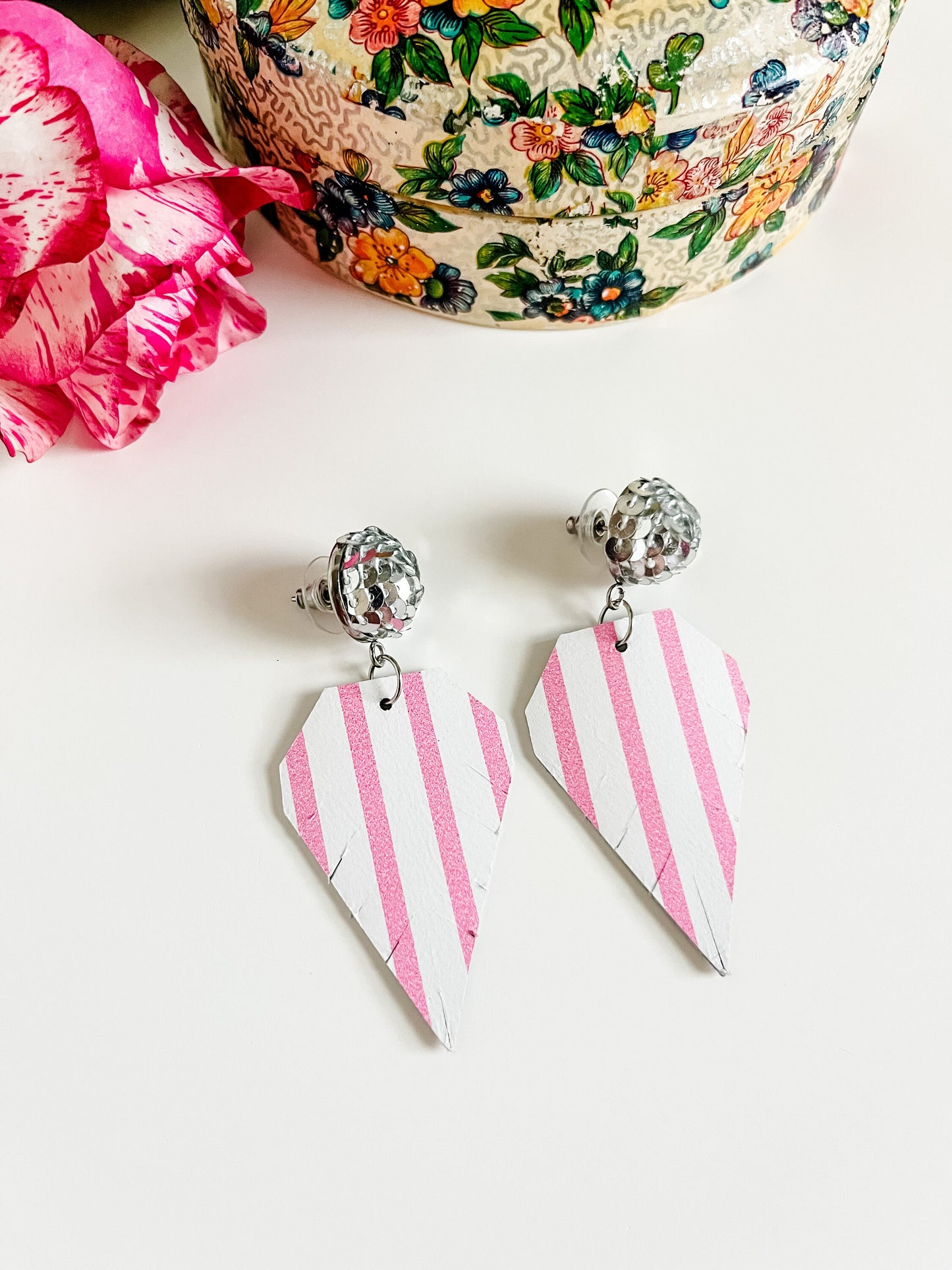 Pink and White Striped Earrings with Silver Sequins, Pink Diamond Shaped Fringe Earrings, Coquette Chic Earrings, Bachelorette Party Earring