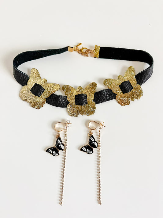 Butterfly Jewelry Set, Black and Gold Butterfly Concho Choker, Dainty Butterfly Huggie Hoops with Rhinestone Chains