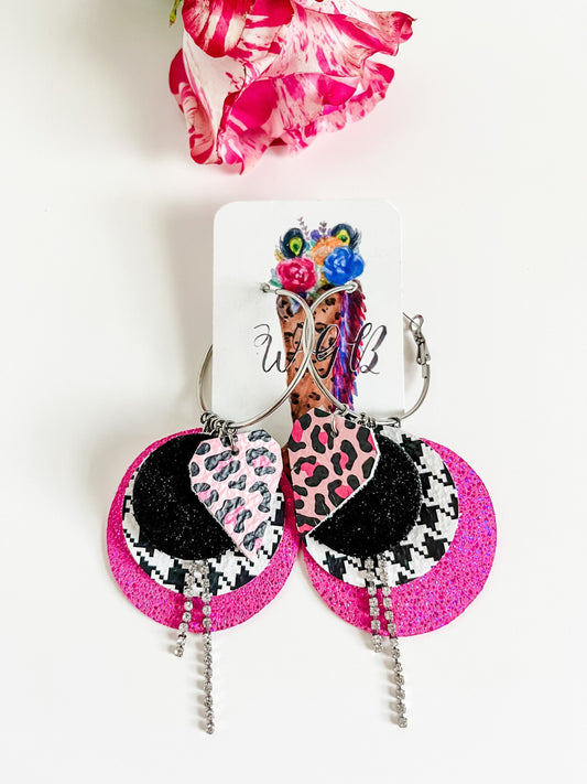 Big Pink and Black Bling Hoop Earrings, Vibrant Cheetah Leather Circle Drops, Barbiecore Statement Earrings, Bachelorette Party Earrings