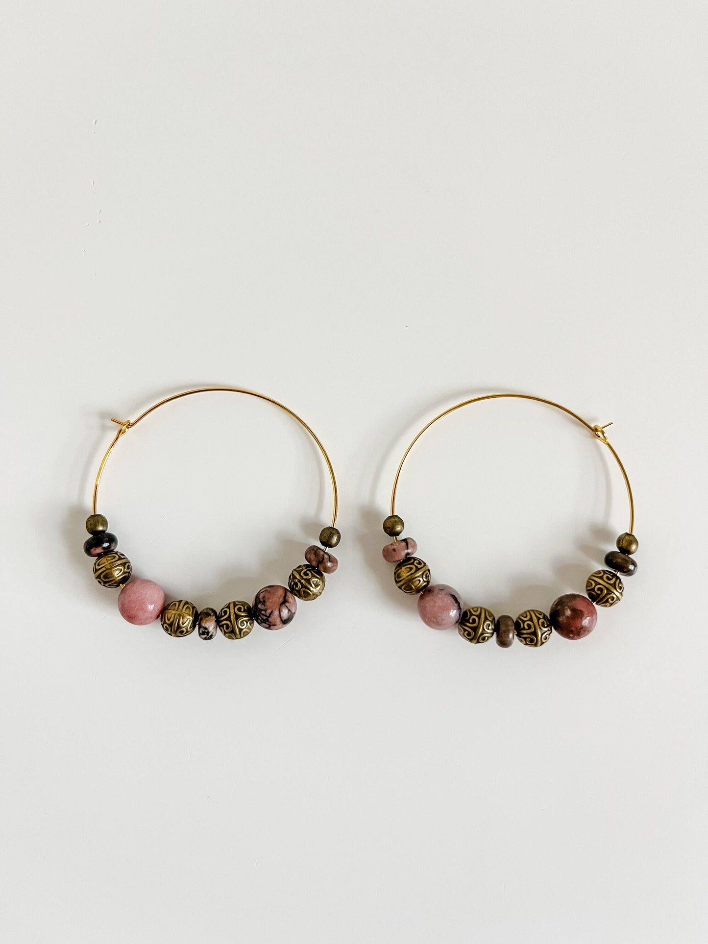 Boho Big Bead Hoop Earrings, Boho Tribal Chic Earrings, Western Coastal Cowgirl Chic Earrings, Bronze and Rhodonite Beaded Earrings