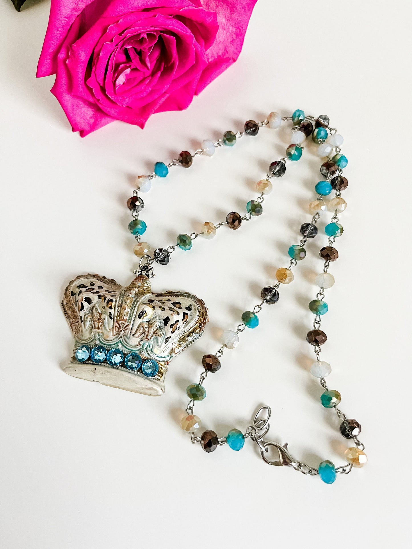 Queen Crown Necklace and Charm Bracelet Set, Painted Cheetah Print Crown Pendant, Blue Opal Bronze Bead Chain, Bling Crown Statement Jewelry