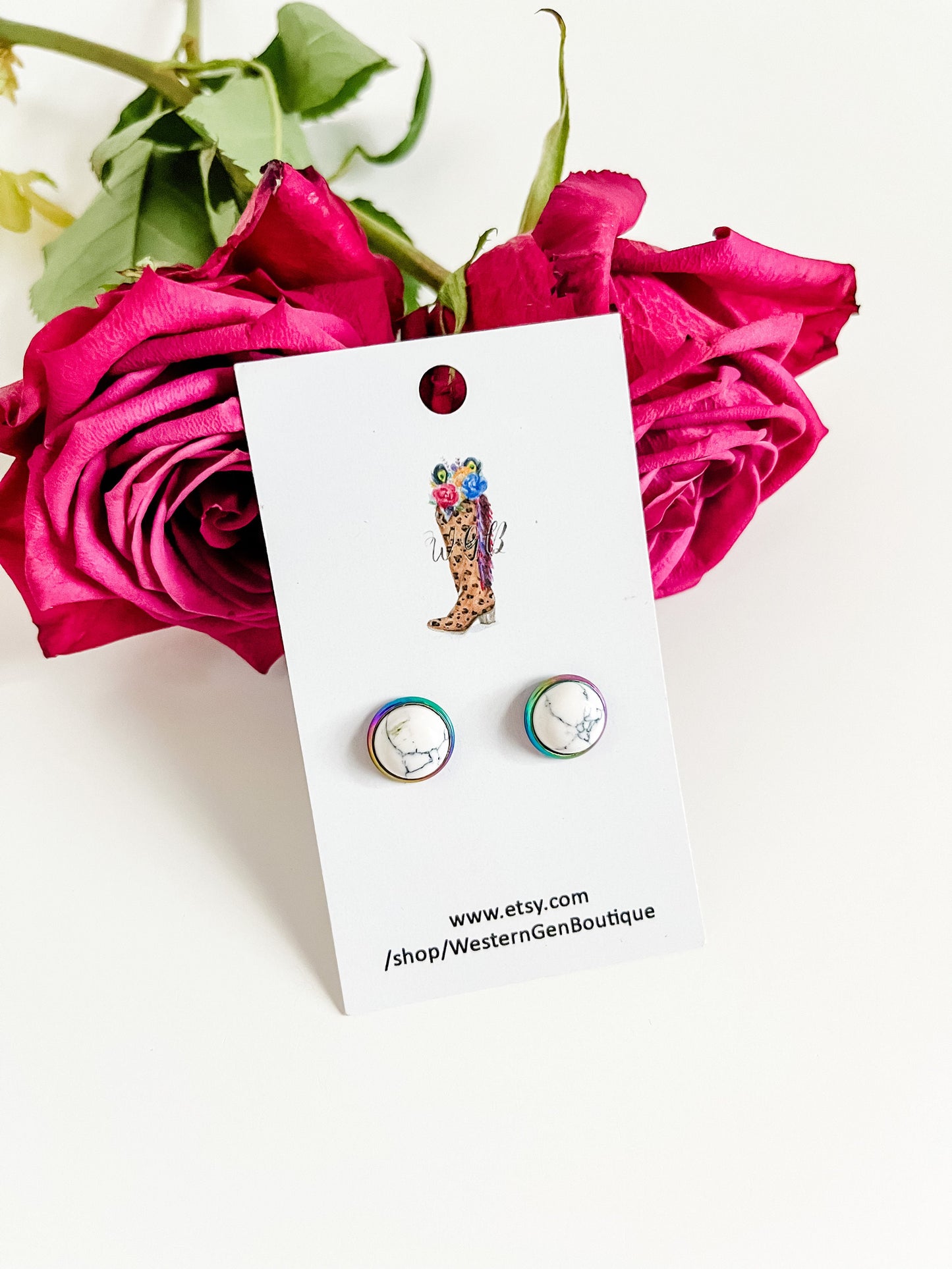 Natural White Howlite Stud Earrings, Rainbow Earrings, Best Friend Gift, Boho Howlite Earrings, Pride Rainbow Jewelry, Western Bling