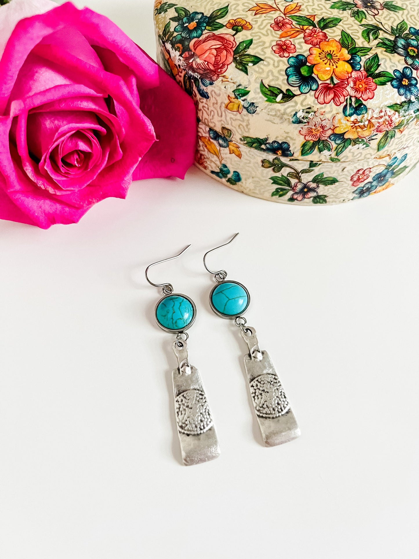 Boho Turquoise and Silver Earrings,  Faux Turquoise Earrings, Coastal Cowgirl Western Earrings, Boho Cowgirl Chic Earrings, Festival Jewelry