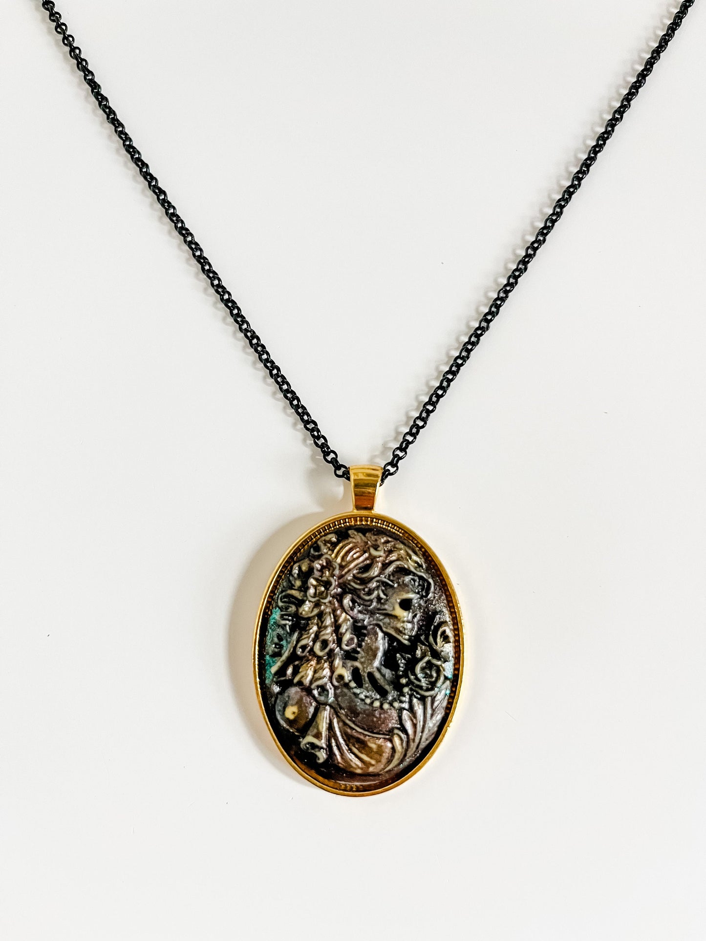 Cursed Dame Victorian Skeleton Woman Cameo Necklace, Painted Skeleton Cameo, Gold/Black or Silver/Black Bead Chain, Goth Necklace