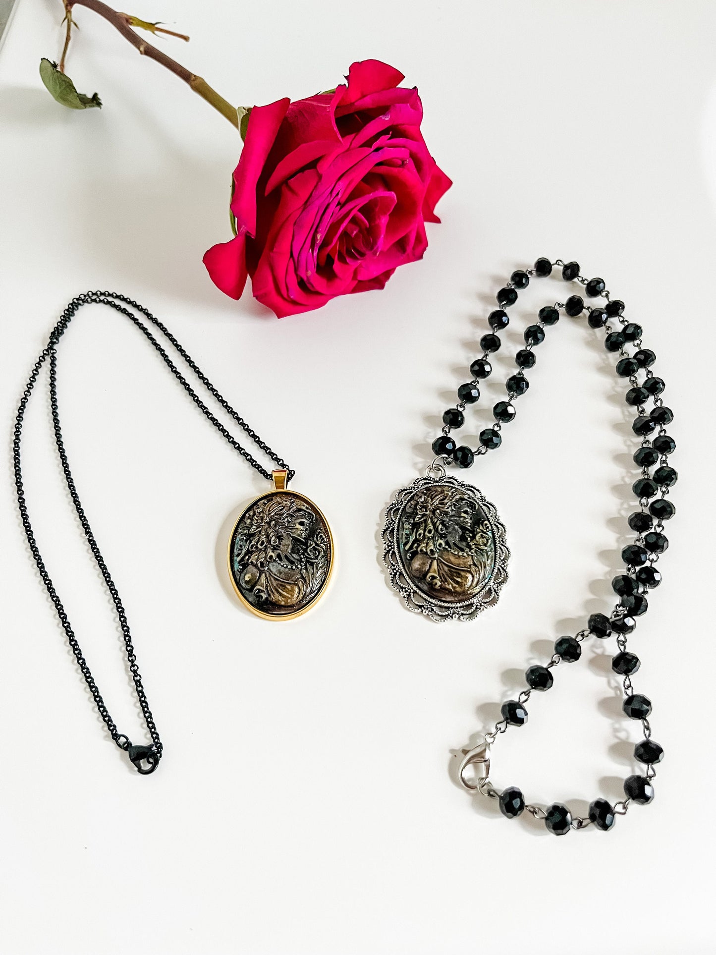 Cursed Dame Victorian Skeleton Woman Cameo Necklace, Painted Skeleton Cameo, Gold/Black or Silver/Black Bead Chain, Goth Necklace