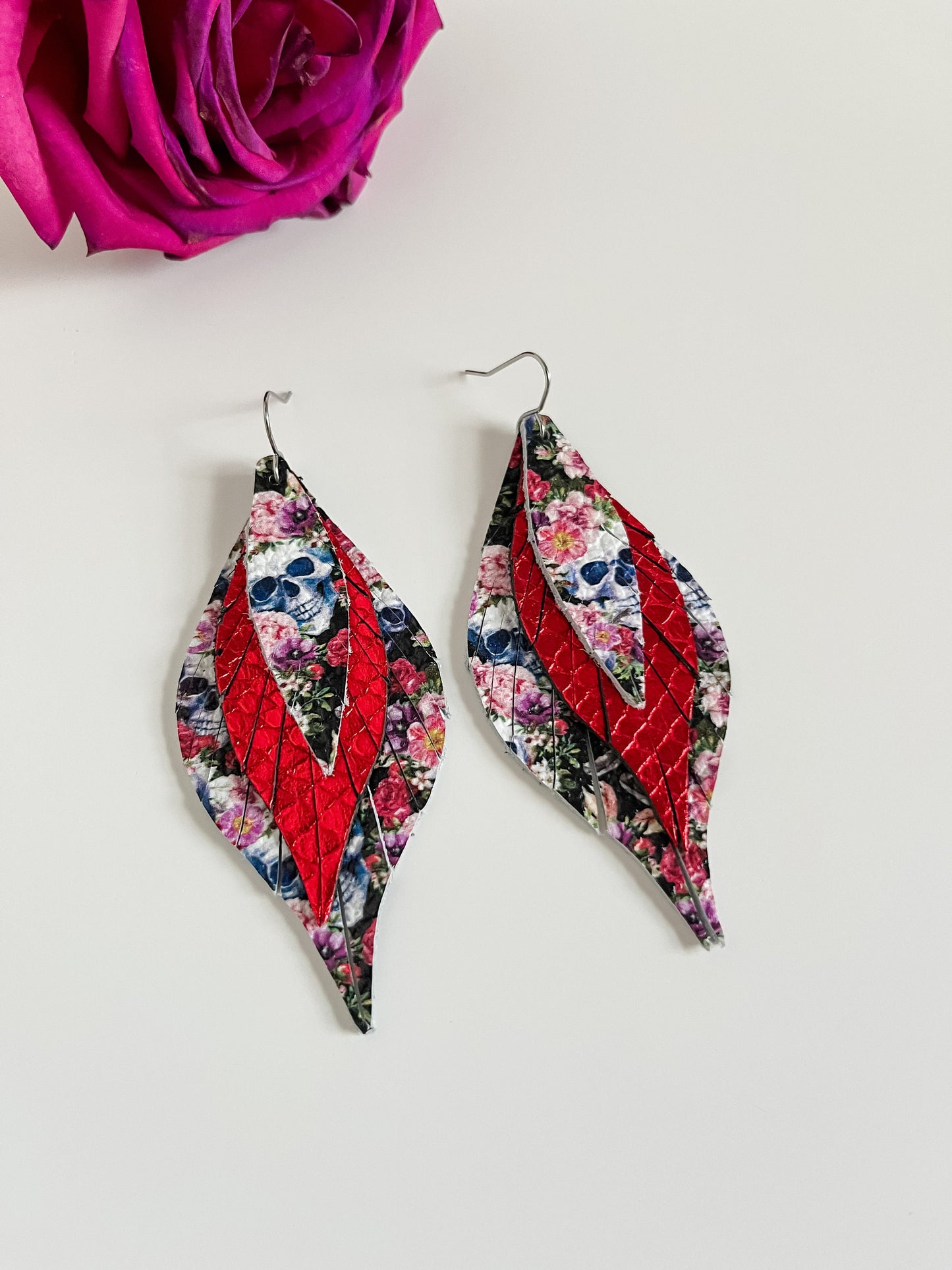 Bold Leather Feather Earrings, Red Roses and Skull Print Earrings, Red Snakeskin Earrings, Whimsigoth Earrings, Curvy Feather Earrings