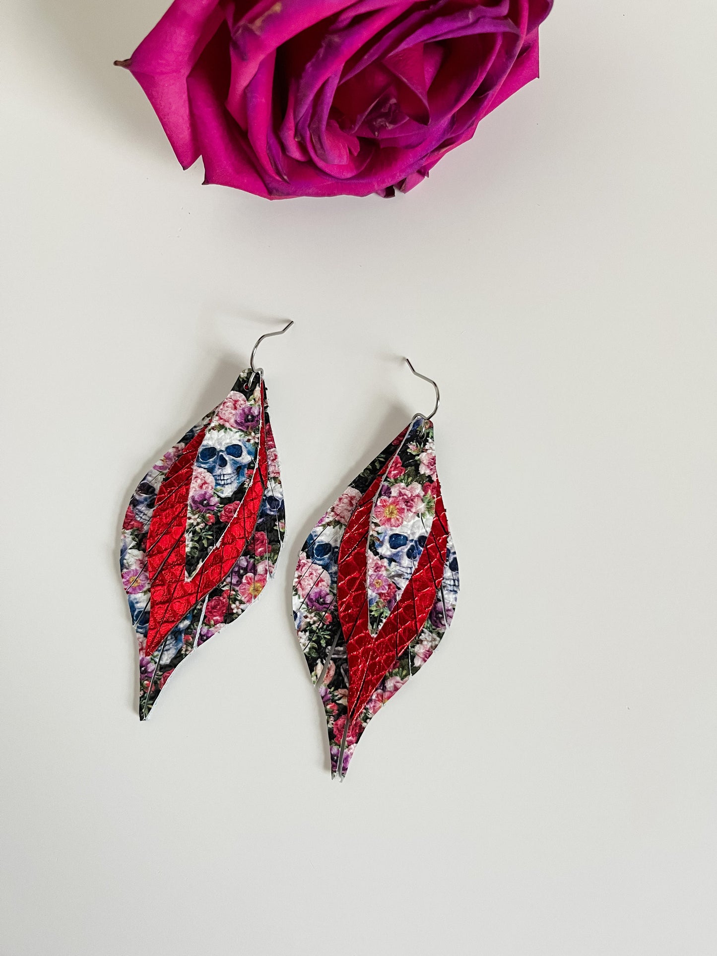 Bold Leather Feather Earrings, Red Roses and Skull Print Earrings, Red Snakeskin Earrings, Whimsigoth Earrings, Curvy Feather Earrings