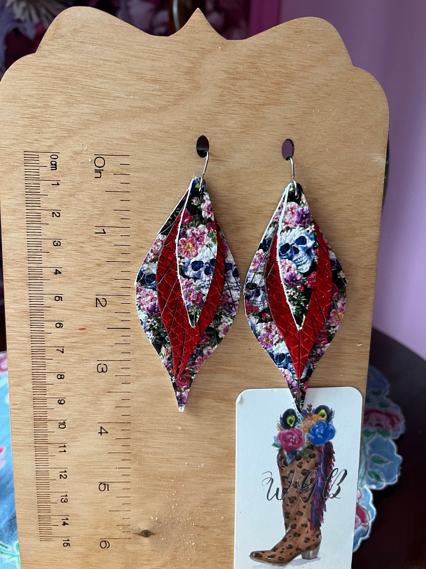 Bold Leather Feather Earrings, Red Roses and Skull Print Earrings, Red Snakeskin Earrings, Whimsigoth Earrings, Curvy Feather Earrings