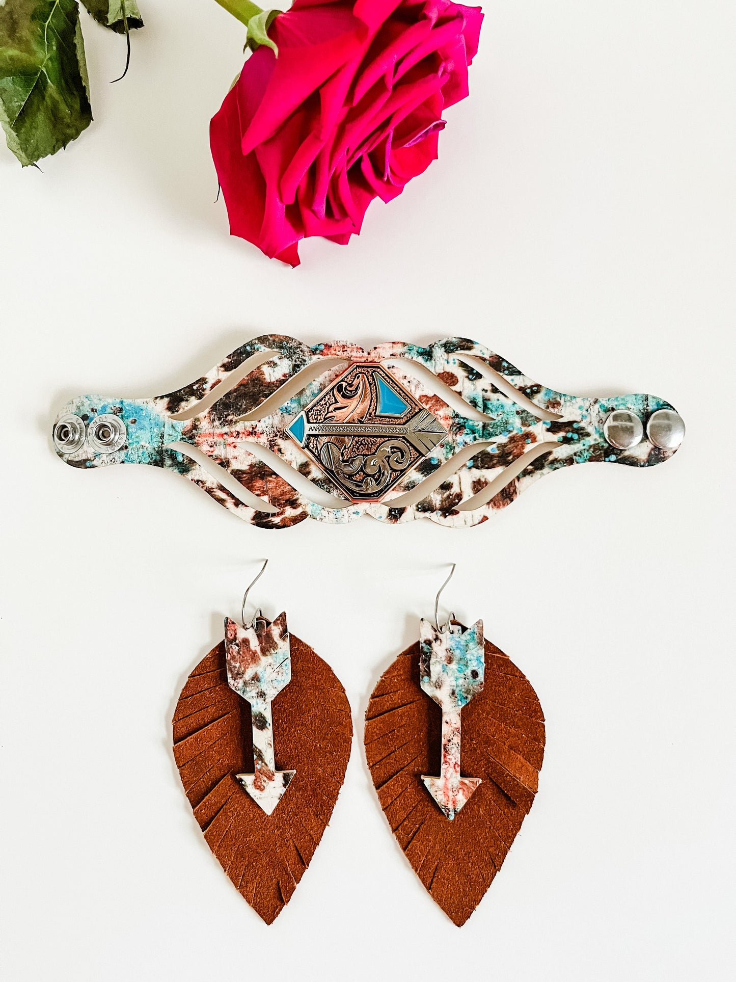 Western Jewelry Set, Rust Suede Feather Earrings, Feather Concho Bracelet, Western Statement Jewelry, Animal Print in Rust Turquoise Cream