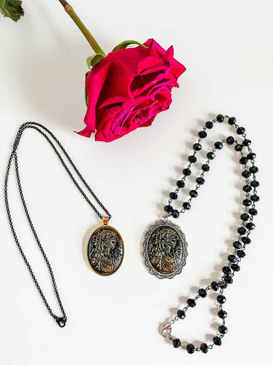 Cursed Dame Victorian Skeleton Woman Cameo Necklace, Painted Skeleton Cameo, Gold/Black or Silver/Black Bead Chain, Goth Necklace