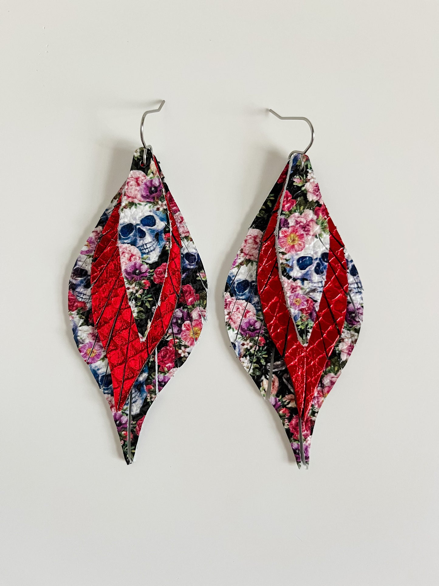 Bold Leather Feather Earrings, Red Roses and Skull Print Earrings, Red Snakeskin Earrings, Whimsigoth Earrings, Curvy Feather Earrings