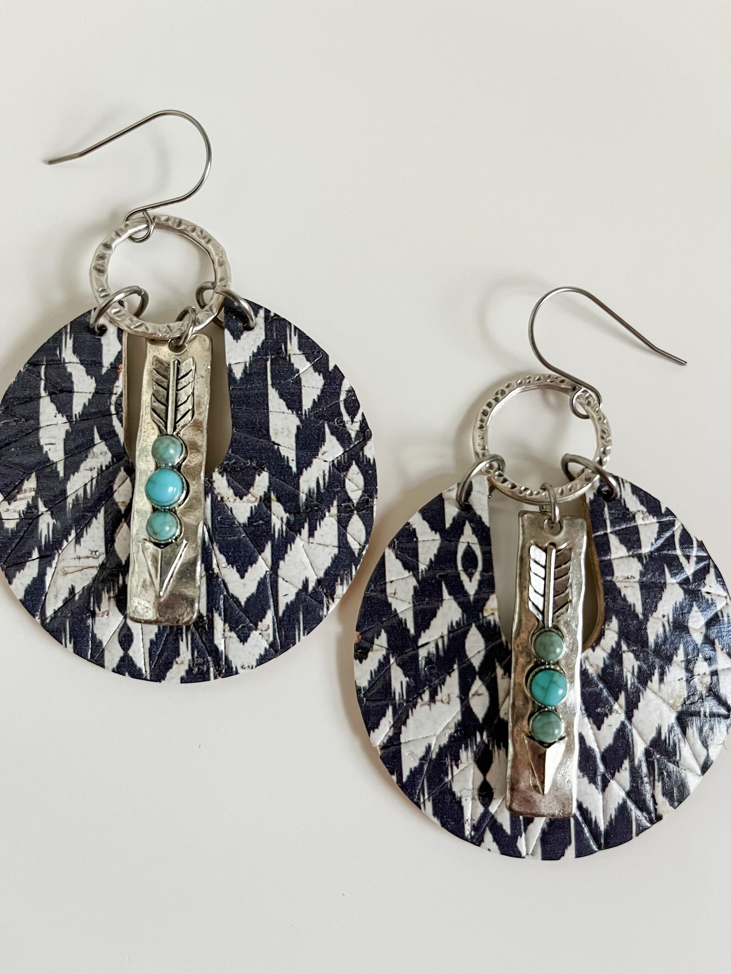 Western Aztec Circle Earrings, Embossed Sun Ray Design, Black White Aztec Print Cork, Turquoise Arrow Drops, Boho Western Earrings