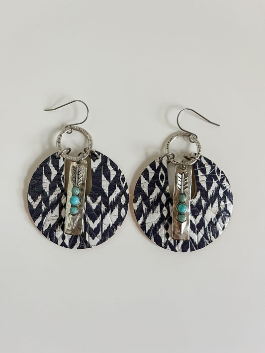 Western Aztec Circle Earrings, Embossed Sun Ray Design, Black White Aztec Print Cork, Turquoise Arrow Drops, Boho Western Earrings