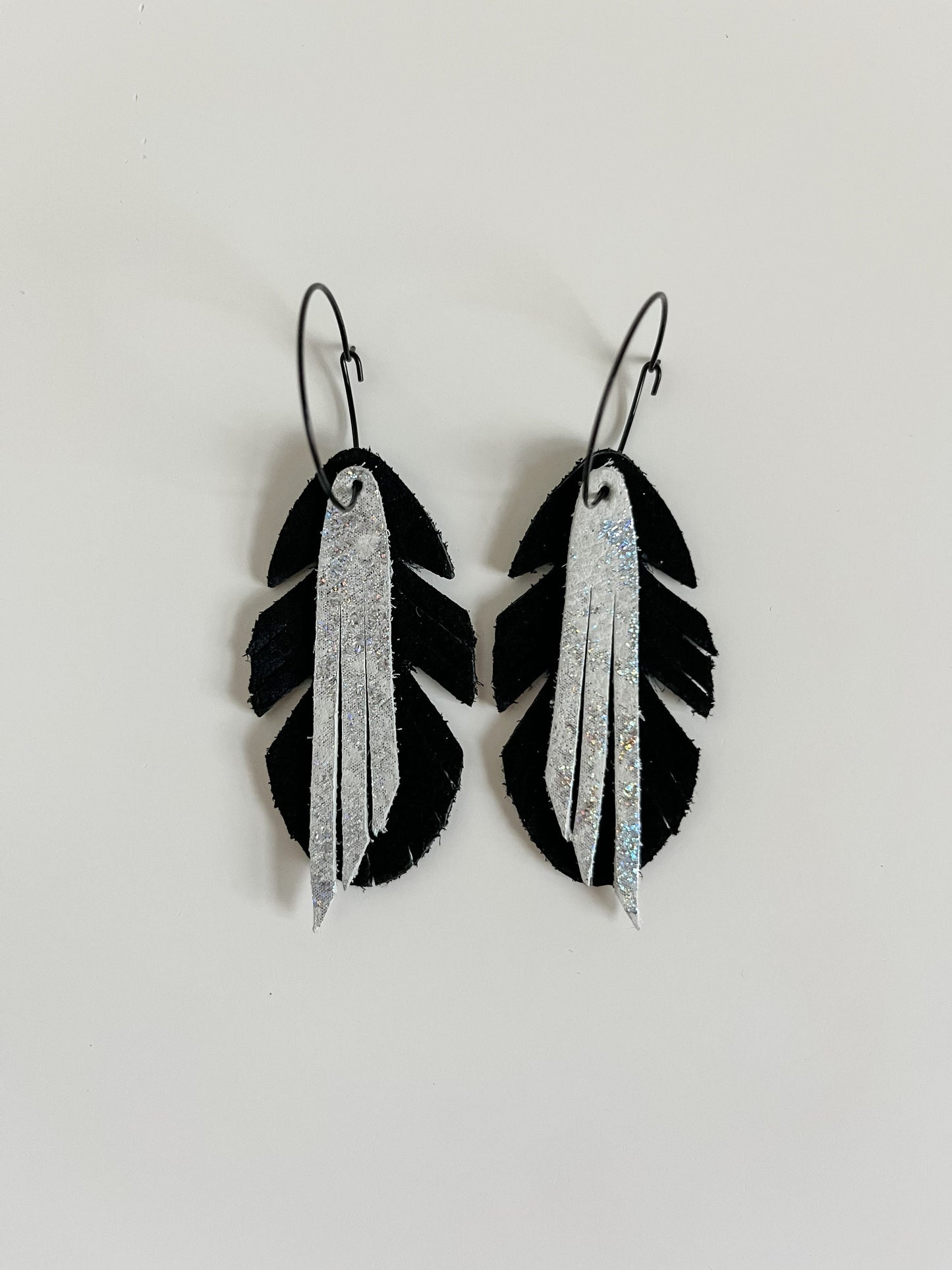 Boho Black and White Leather Feather Fringe Earrings, Black Feather Earrings, Western Cowgirl Chic Earrings, Hoop Earrings Feather Drops