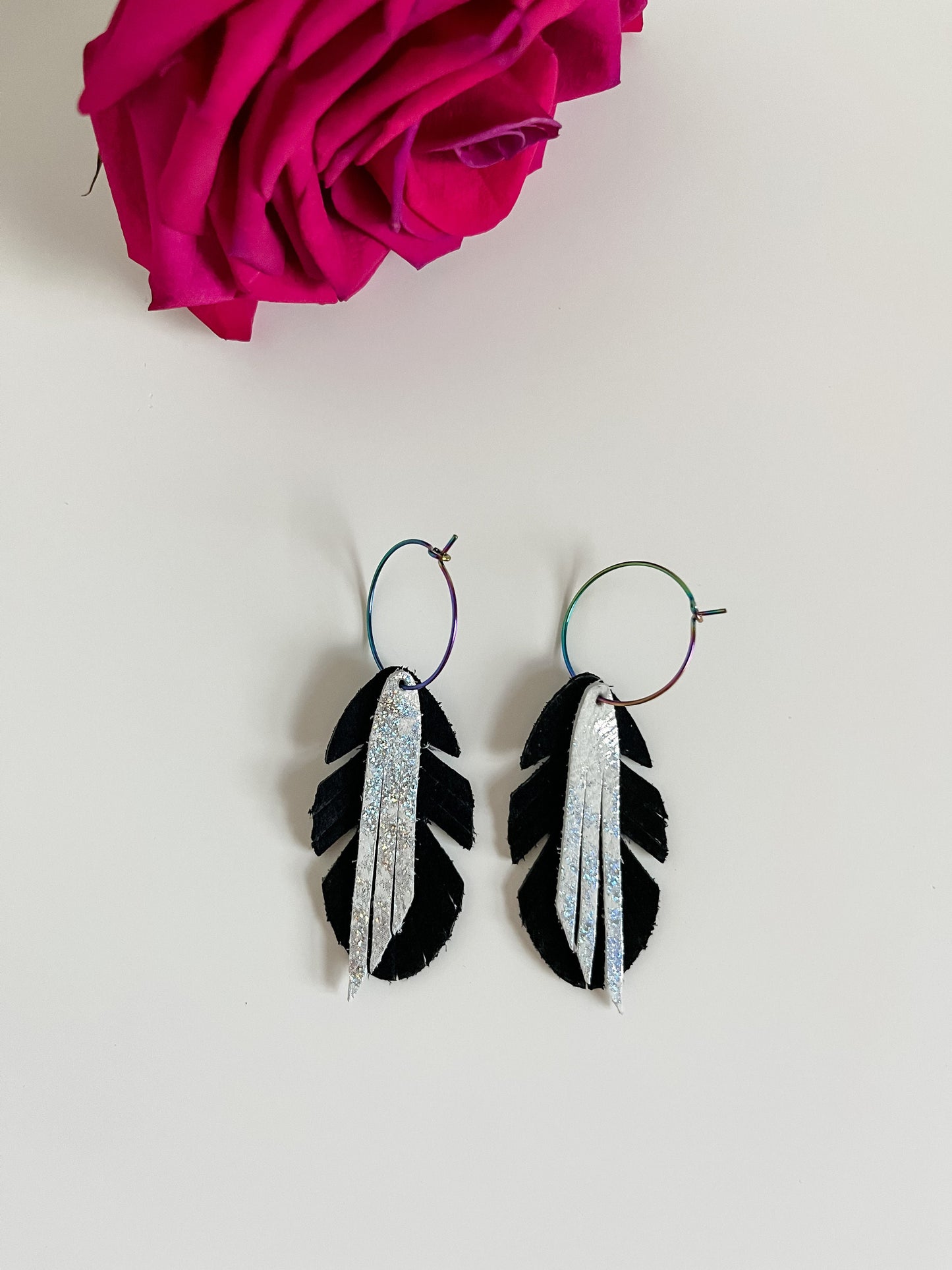 Boho Black and White Leather Feather Fringe Earrings, Black Feather Earrings, Western Cowgirl Chic Earrings, Hoop Earrings Feather Drops