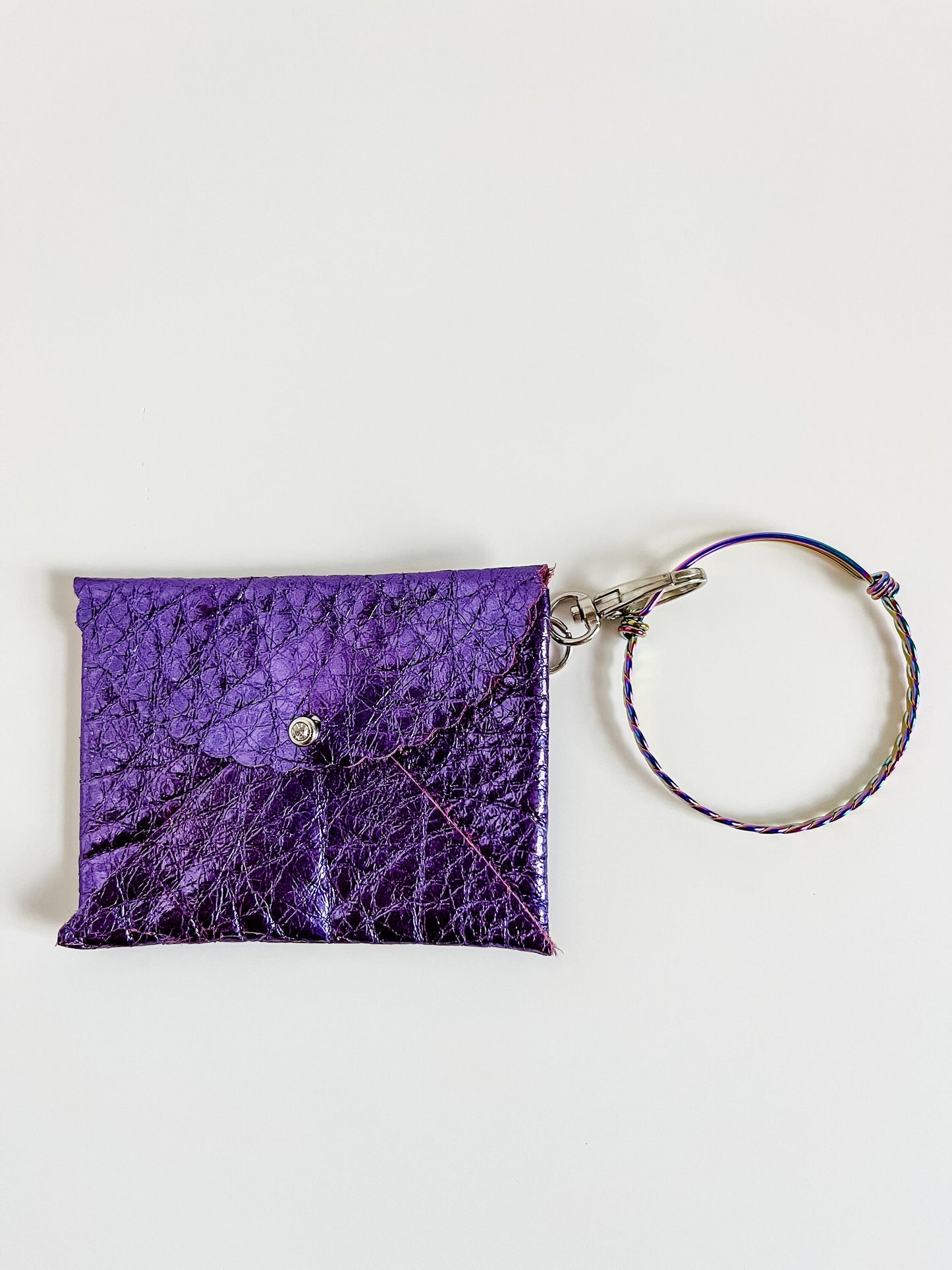 Metallic Purple Leather Card Wallet, Coin Purse, Mini Wallet, Card Holder, Small Purple Wallet, Bracelet Keychain, Best Friend Gift for Her