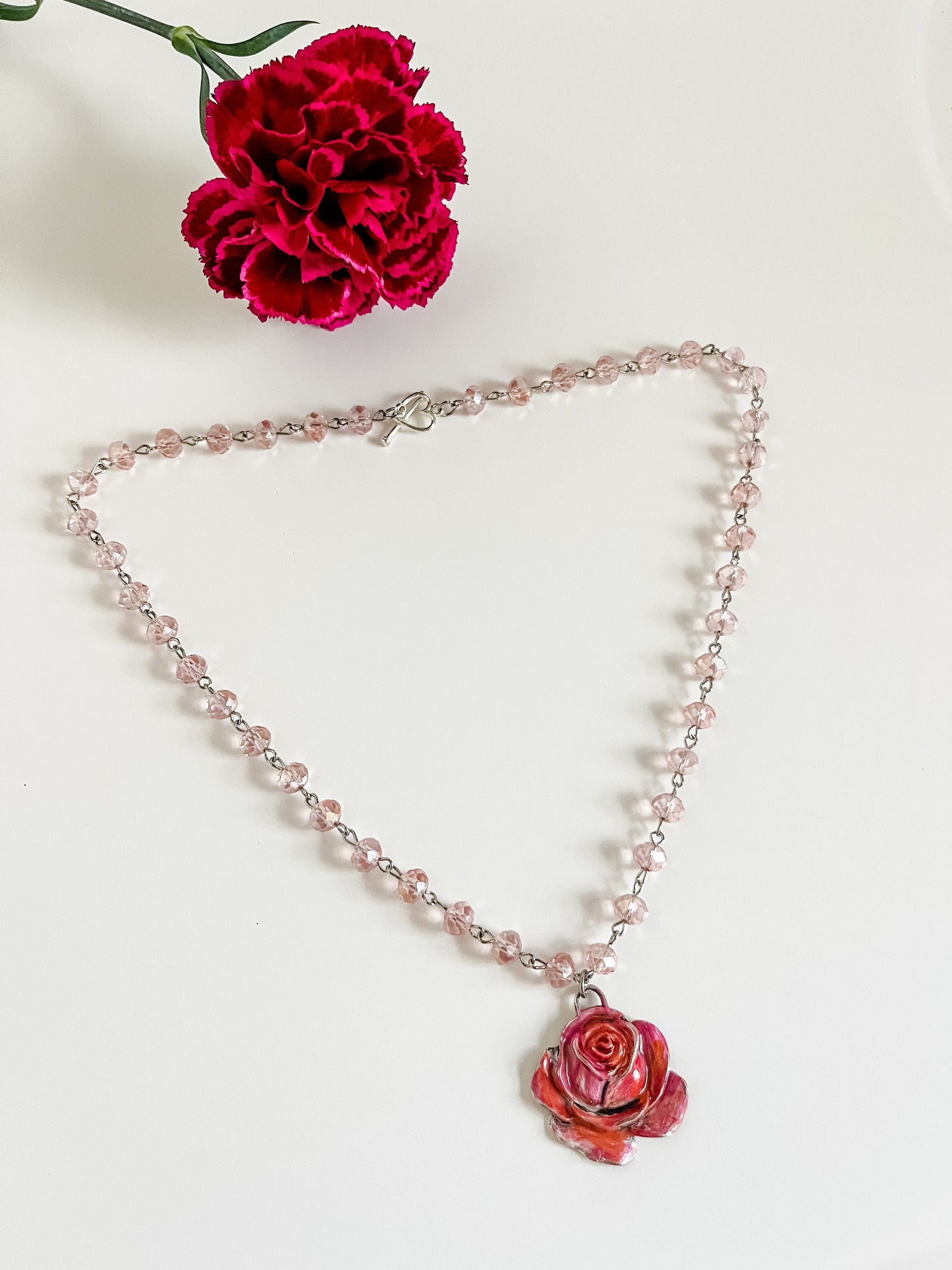 Coral Pink Rose Necklace, Light Pink Bead Chain Necklace with Beautiful Painted Rose Pendant, Boho Country Chic Rose Necklace