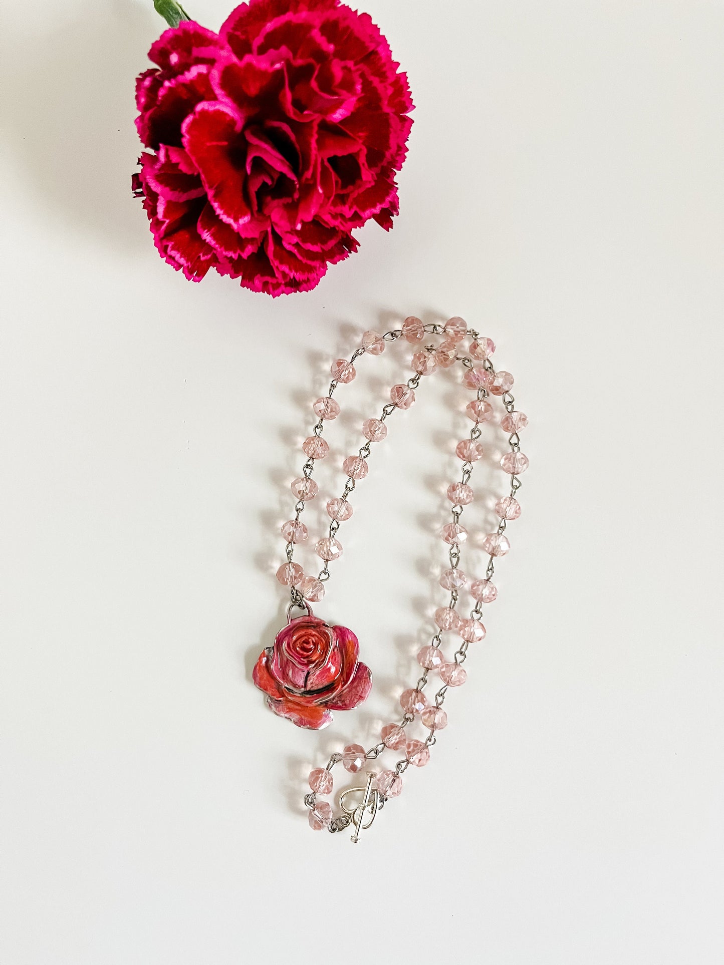 Coral Pink Rose Necklace, Light Pink Bead Chain Necklace with Beautiful Painted Rose Pendant, Boho Country Chic Rose Necklace