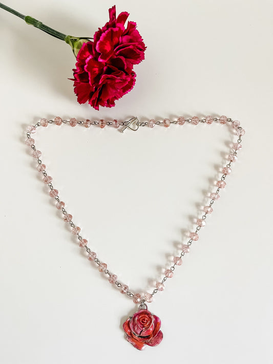 Coral Pink Rose Necklace, Light Pink Bead Chain Necklace with Beautiful Painted Rose Pendant, Boho Country Chic Rose Necklace