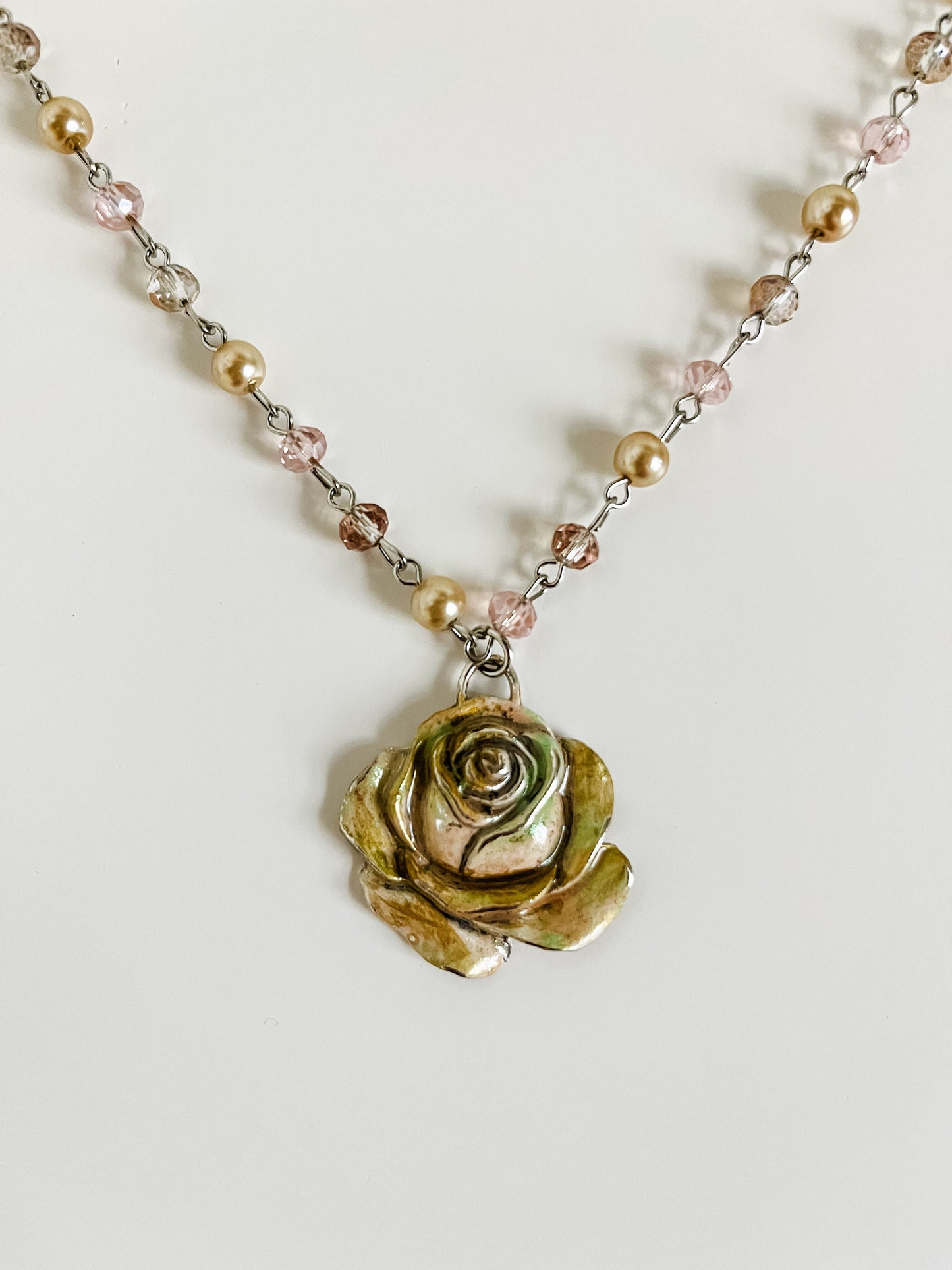 Ivory Rose Necklace, Boho Country Chic Rose Necklace, Light Pink and Champagne Pearl Bead Chain Necklace with Painted Rose Pendant