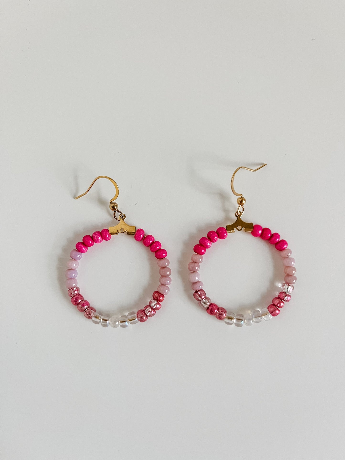 Pink Seed Bead Earrings, Handmade Bead Earrings, Pink and Gold Beaded Hoop Earrings, Pink Ombré Earrings, Coastal Cowgirl Barbie Earrings