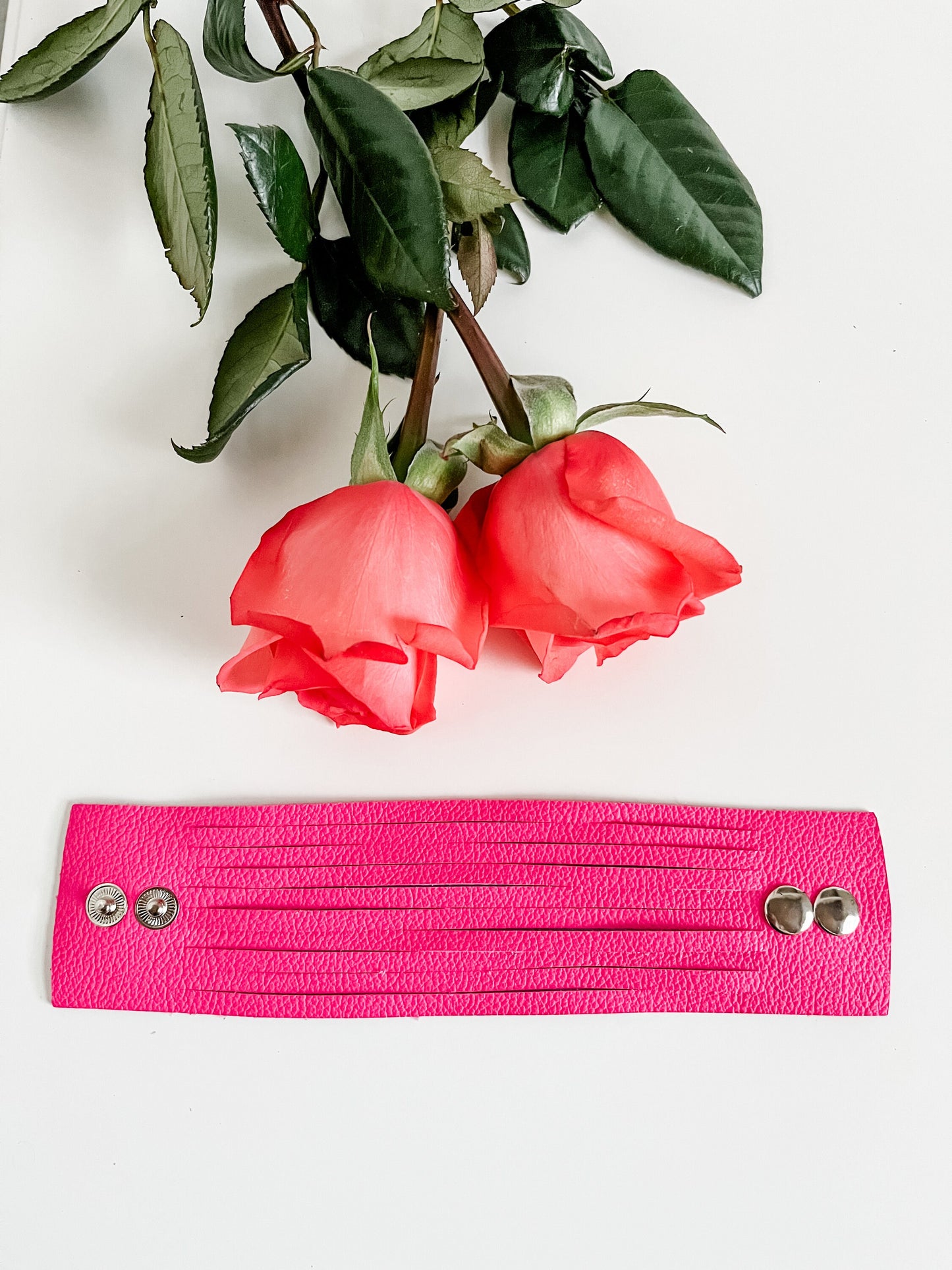 Hot Pink Slice Bracelet, Bright Pink Leather Cuff Bracelet, Statement Bracelet, Adjustable Bracelet, Silver Snap Closure