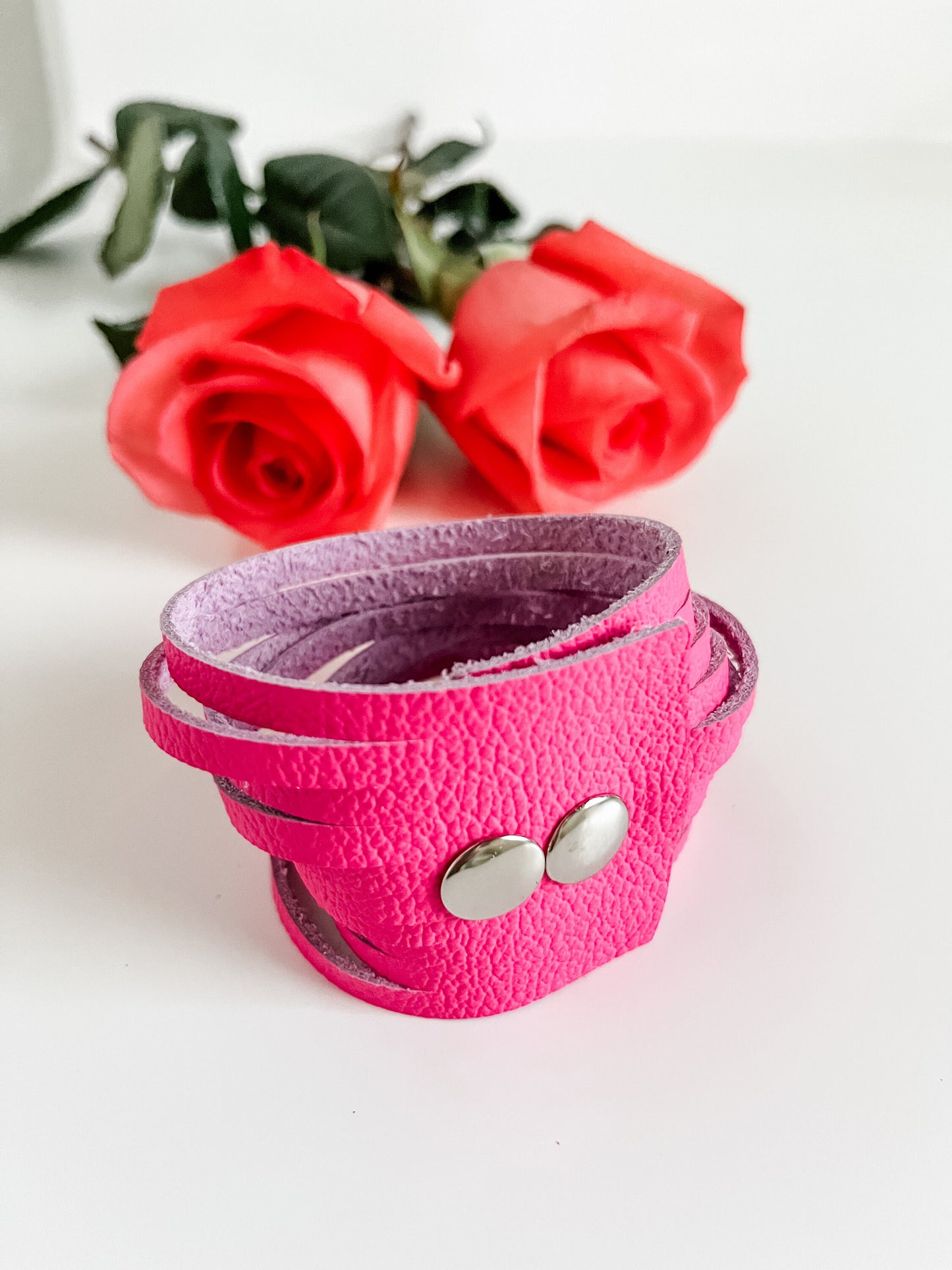 Hot Pink Slice Bracelet, Bright Pink Leather Cuff Bracelet, Statement Bracelet, Adjustable Bracelet, Silver Snap Closure