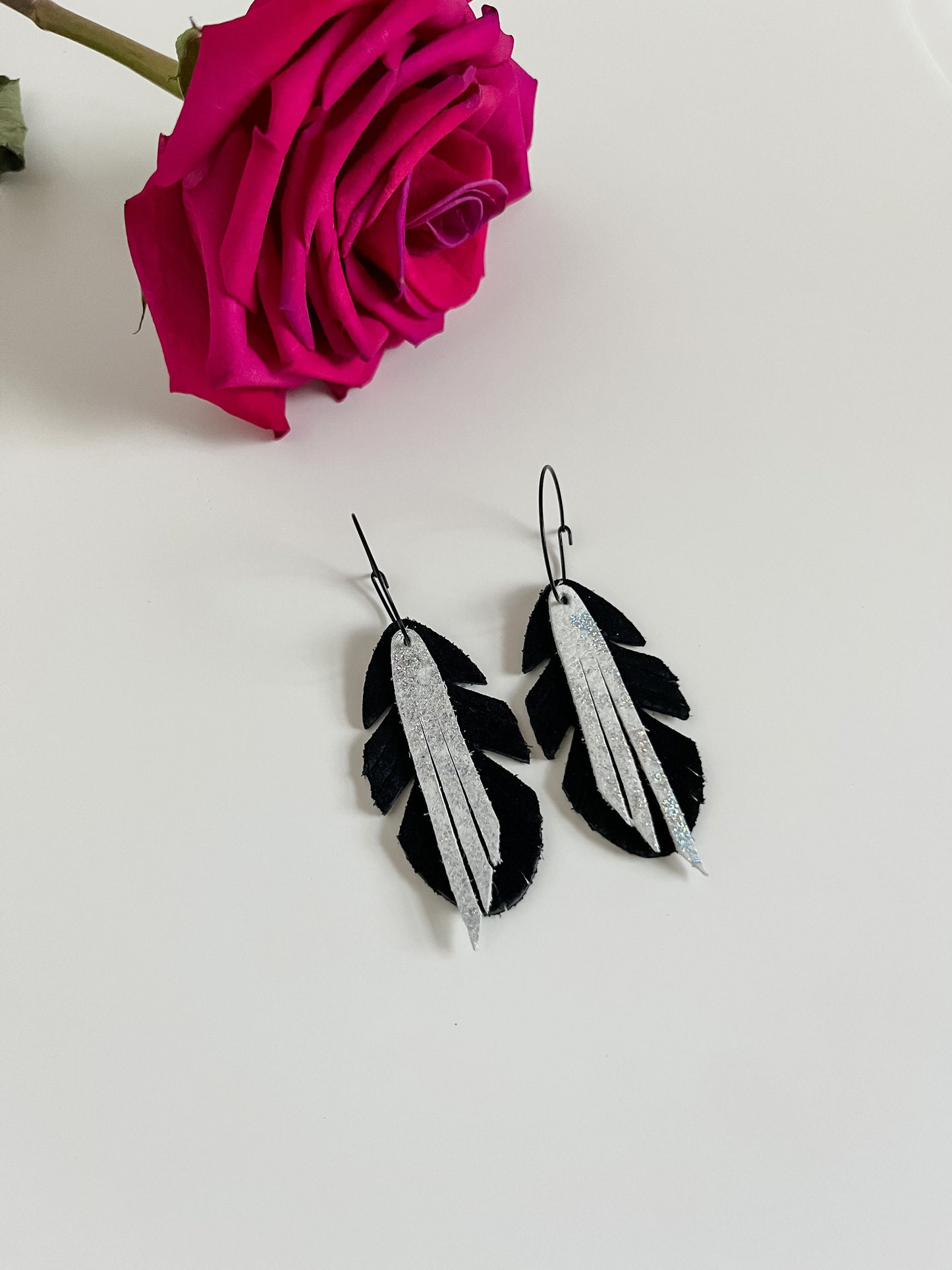 Boho Black and White Leather Feather Fringe Earrings, Black Feather Earrings, Western Cowgirl Chic Earrings, Hoop Earrings Feather Drops