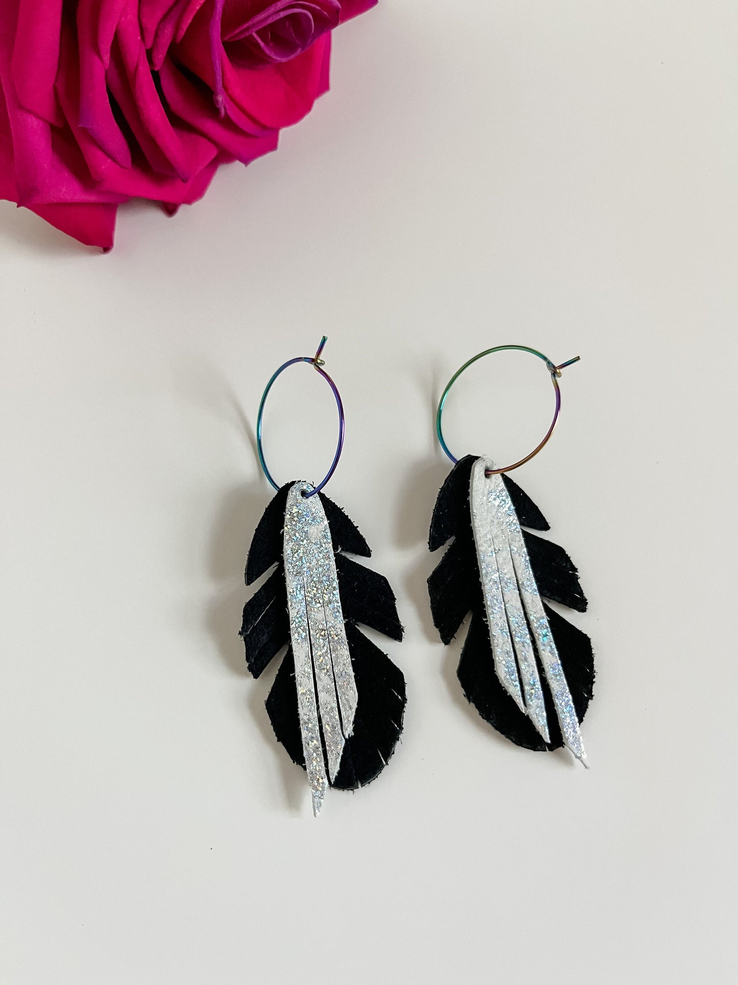 Boho Black and White Leather Feather Fringe Earrings, Black Feather Earrings, Western Cowgirl Chic Earrings, Hoop Earrings Feather Drops