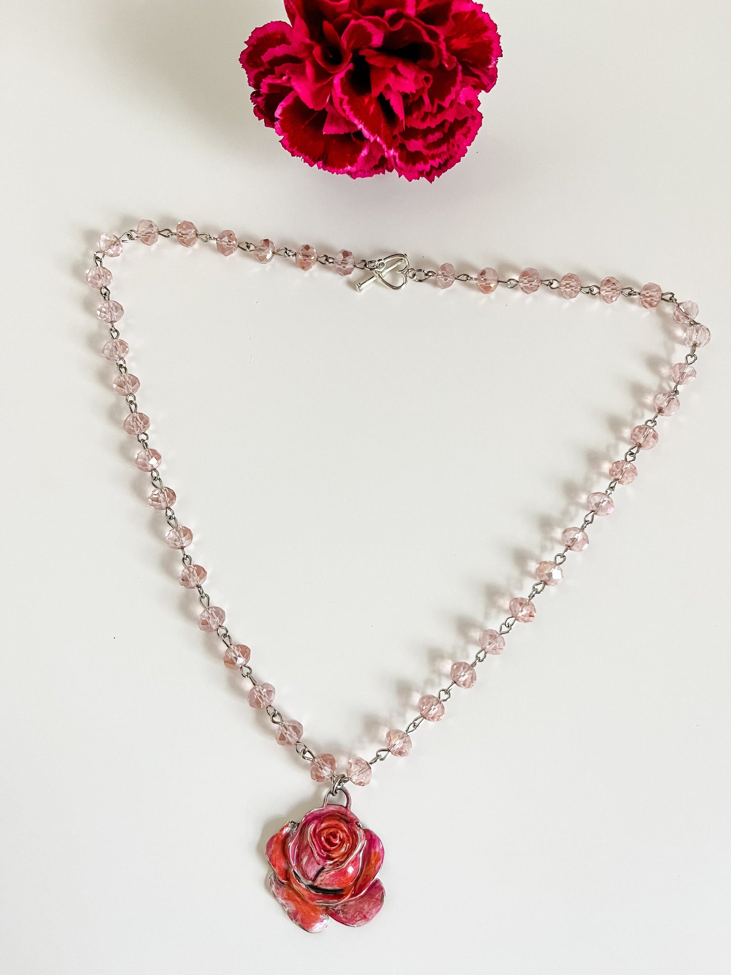 Coral Pink Rose Necklace, Light Pink Bead Chain Necklace with Beautiful Painted Rose Pendant, Boho Country Chic Rose Necklace