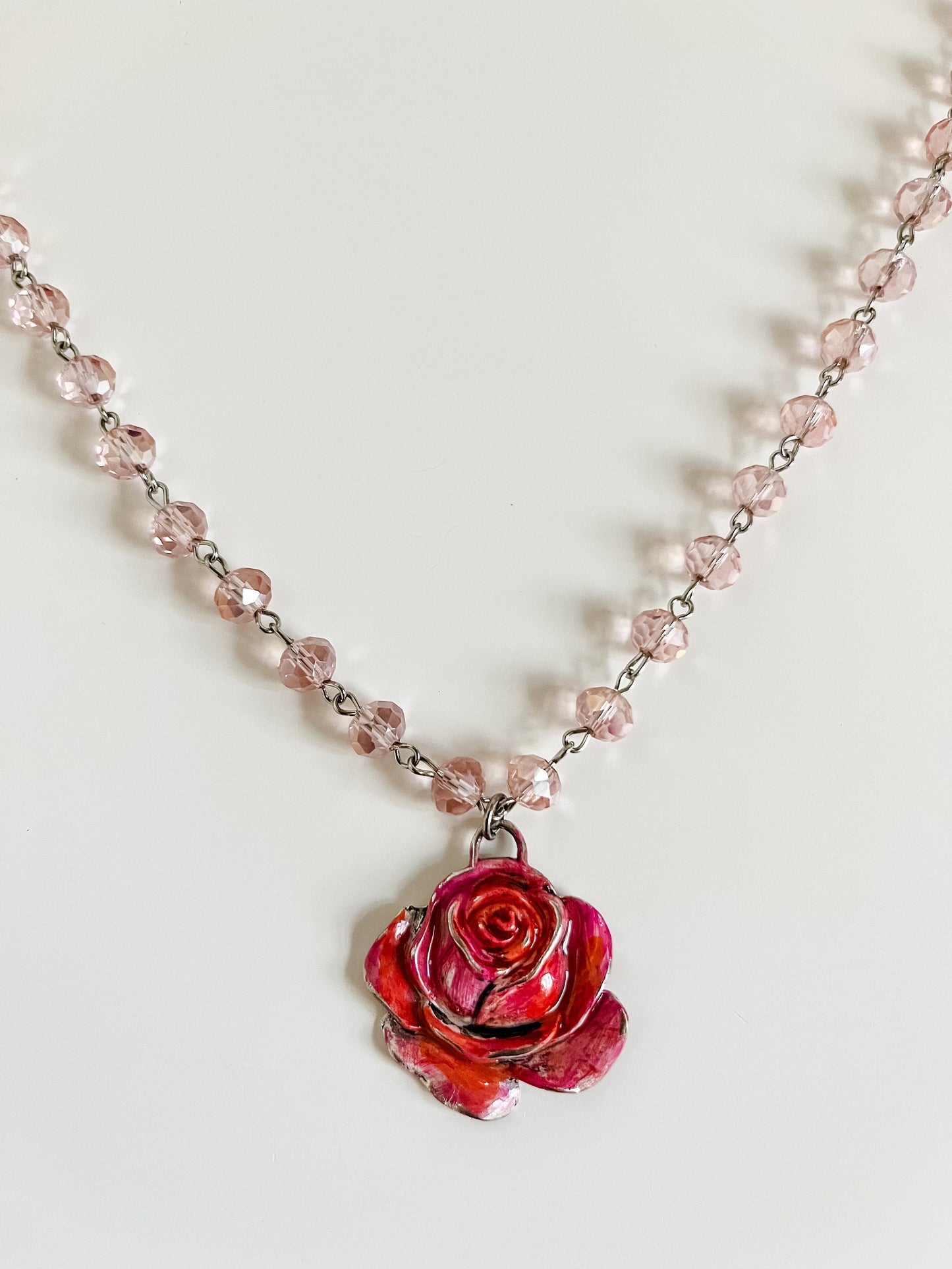 Coral Pink Rose Necklace, Light Pink Bead Chain Necklace with Beautiful Painted Rose Pendant, Boho Country Chic Rose Necklace