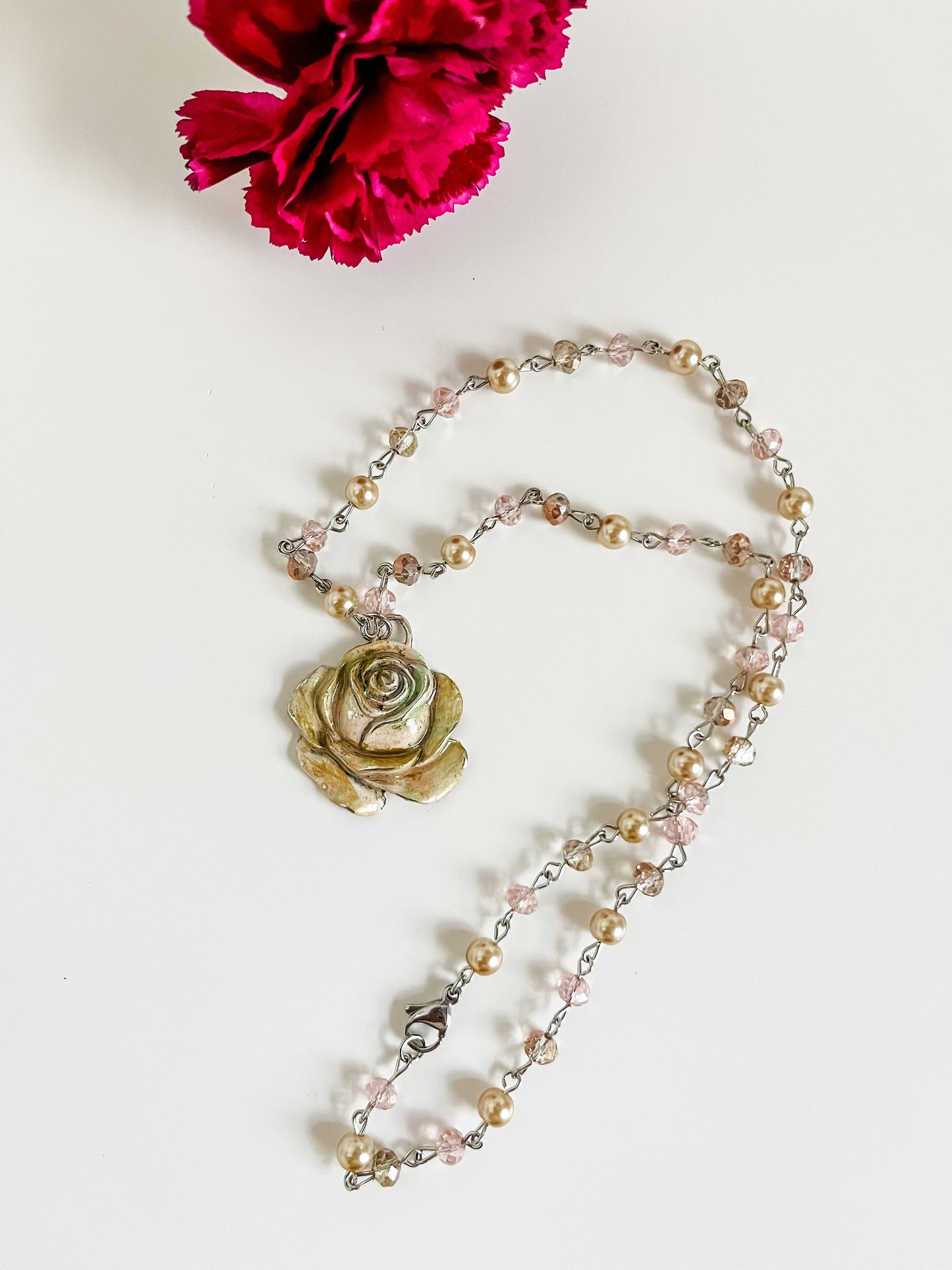 Ivory Rose Necklace, Boho Country Chic Rose Necklace, Light Pink and Champagne Pearl Bead Chain Necklace with Painted Rose Pendant