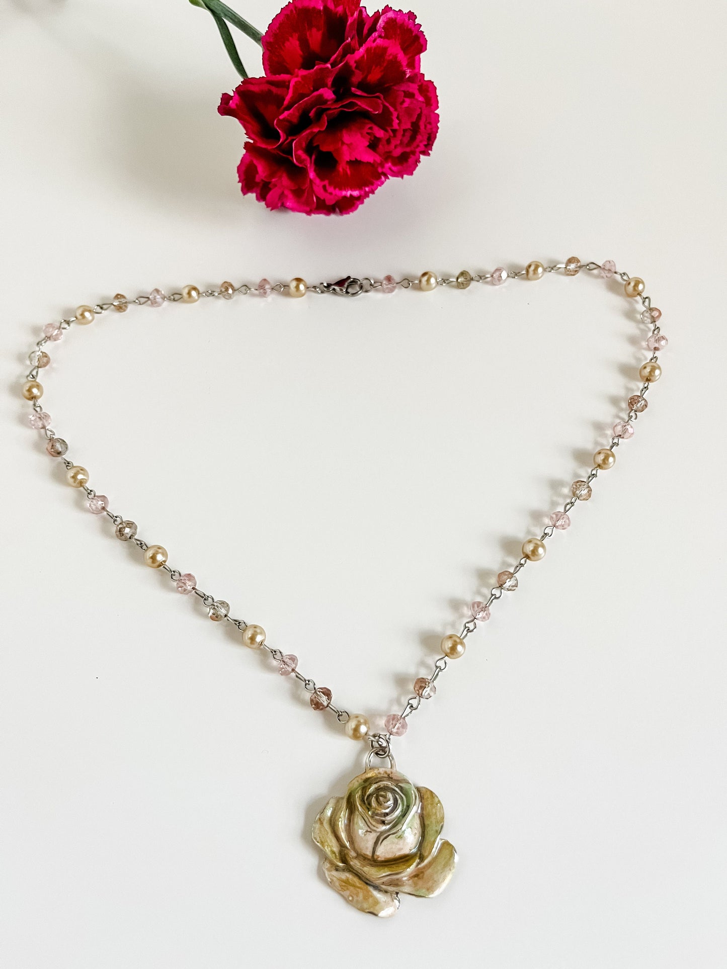 Ivory Rose Necklace, Boho Country Chic Rose Necklace, Light Pink and Champagne Pearl Bead Chain Necklace with Painted Rose Pendant