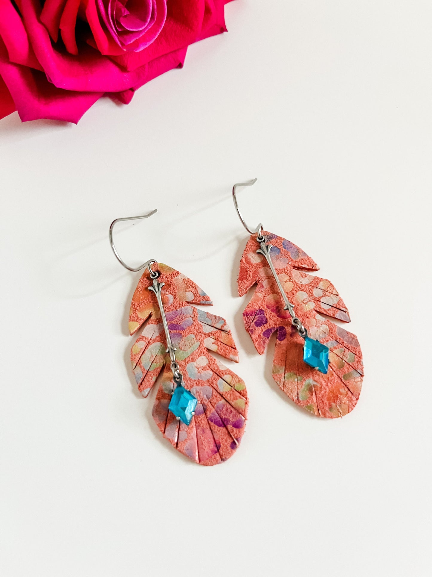 Boho Rainbow Leopard Leather Earrings with Turquoise Crystals, Peach Earrings, Coastal Cowgirl Earrings, Boho Chic Earrings, Funky Earrings