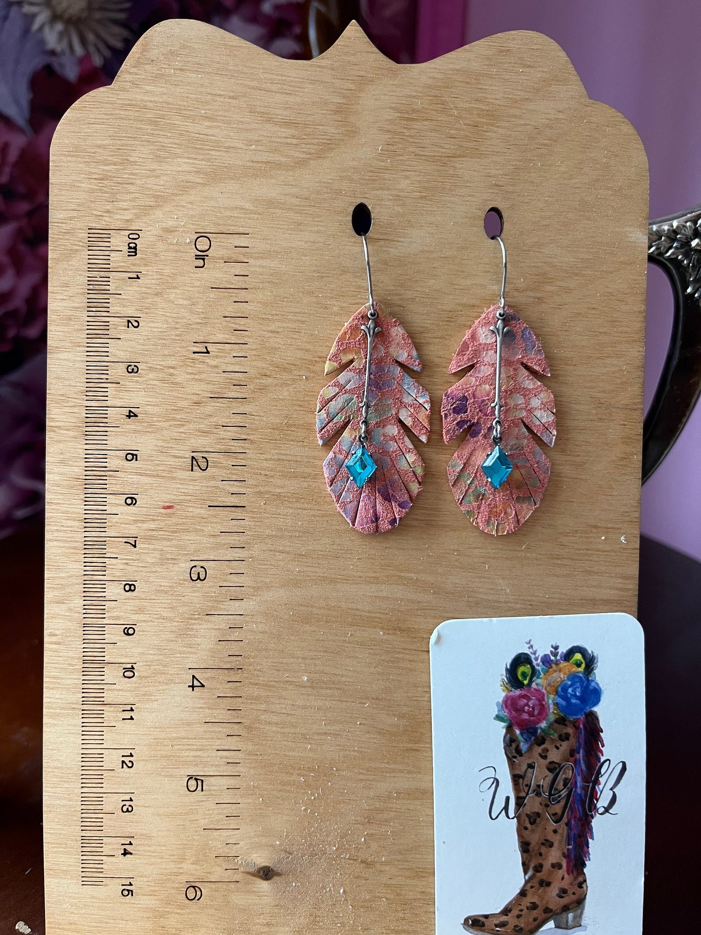 Boho Rainbow Leopard Leather Earrings with Turquoise Crystals, Peach Earrings, Coastal Cowgirl Earrings, Boho Chic Earrings, Funky Earrings