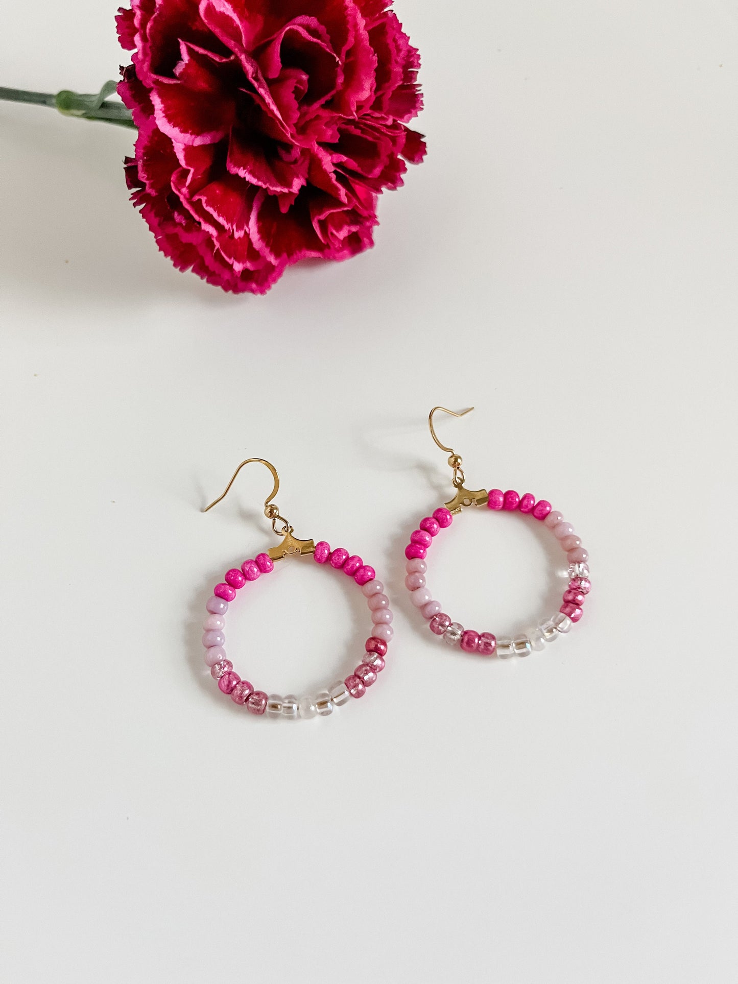 Pink Seed Bead Earrings, Handmade Bead Earrings, Pink and Gold Beaded Hoop Earrings, Pink Ombré Earrings, Coastal Cowgirl Barbie Earrings