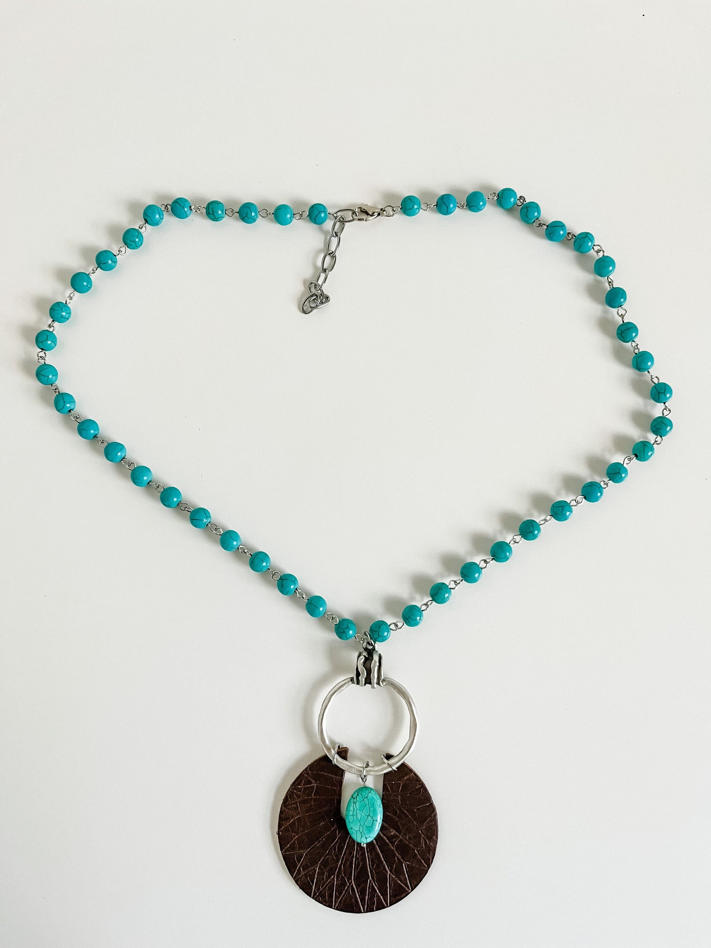 Turquoise Bead Chain Necklace with Handmade Leather Pendant, Boho Western Necklace, Brown Leather Sun Ray Pendant, Turquoise Necklace