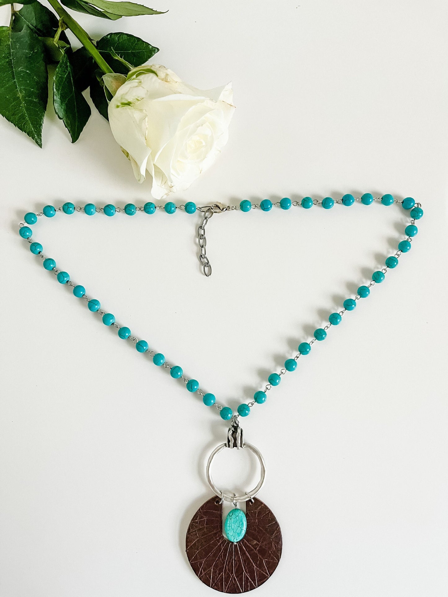 Turquoise Bead Chain Necklace with Handmade Leather Pendant, Boho Western Necklace, Brown Leather Sun Ray Pendant, Turquoise Necklace