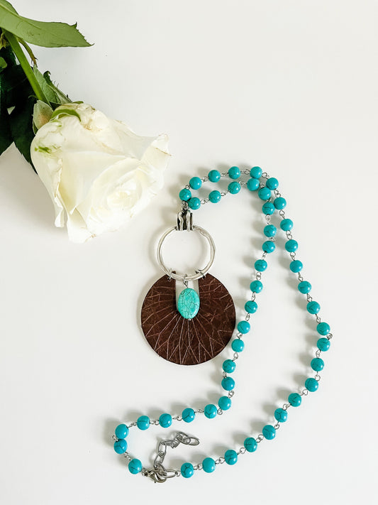 Turquoise Bead Chain Necklace with Handmade Leather Pendant, Boho Western Necklace, Brown Leather Sun Ray Pendant, Turquoise Necklace