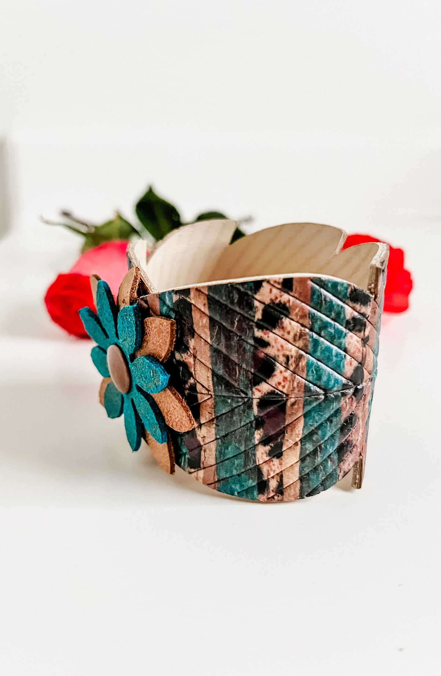 Western Feather Cuff Bracelet, Teal and Leopard Abstract Print Bracelet with Leather Flower, Coastal Cowgirl Jewelry, Animal Print Bracelet