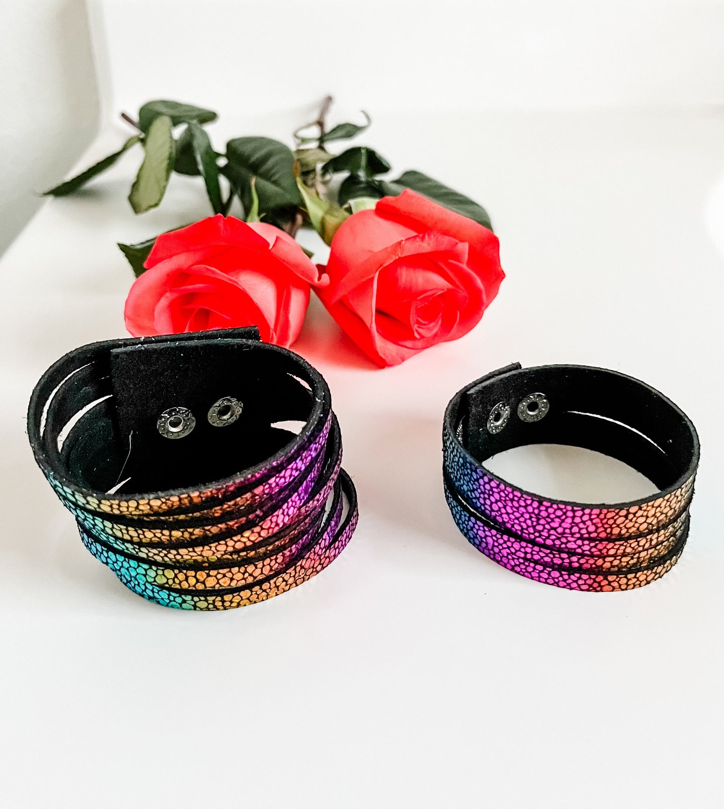 Metallic Rainbow Slice Bracelet, Rainbow Leather Cuff Bracelet, Maximalist Jewelry, Pride Rainbow Jewelry, Adjustable Snap Bracelet