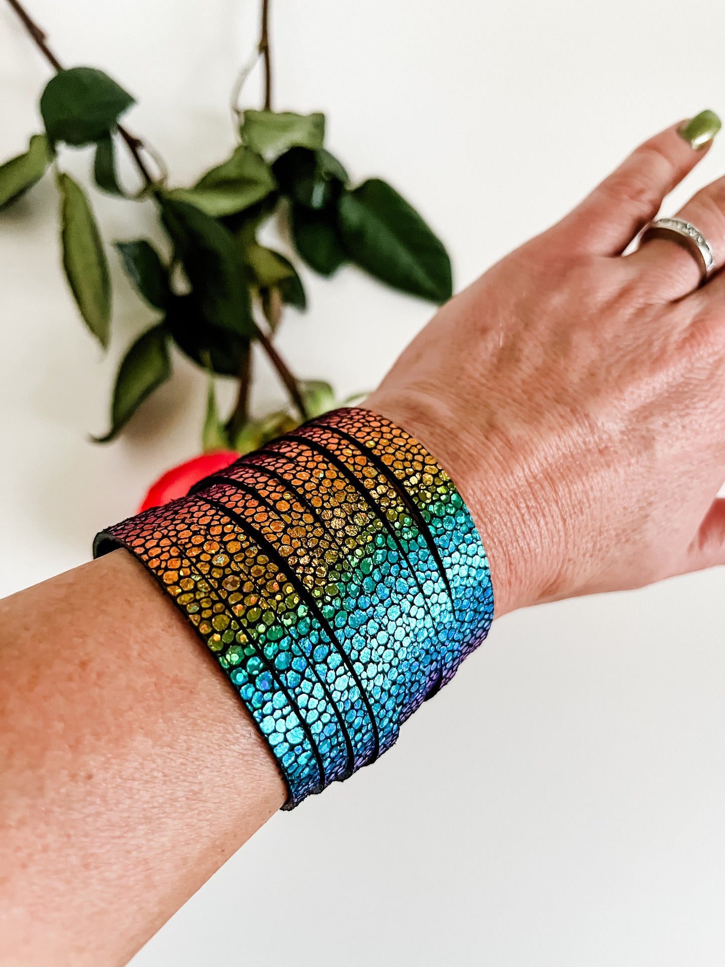 Metallic Rainbow Slice Bracelet, Rainbow Leather Cuff Bracelet, Maximalist Jewelry, Pride Rainbow Jewelry, Adjustable Snap Bracelet