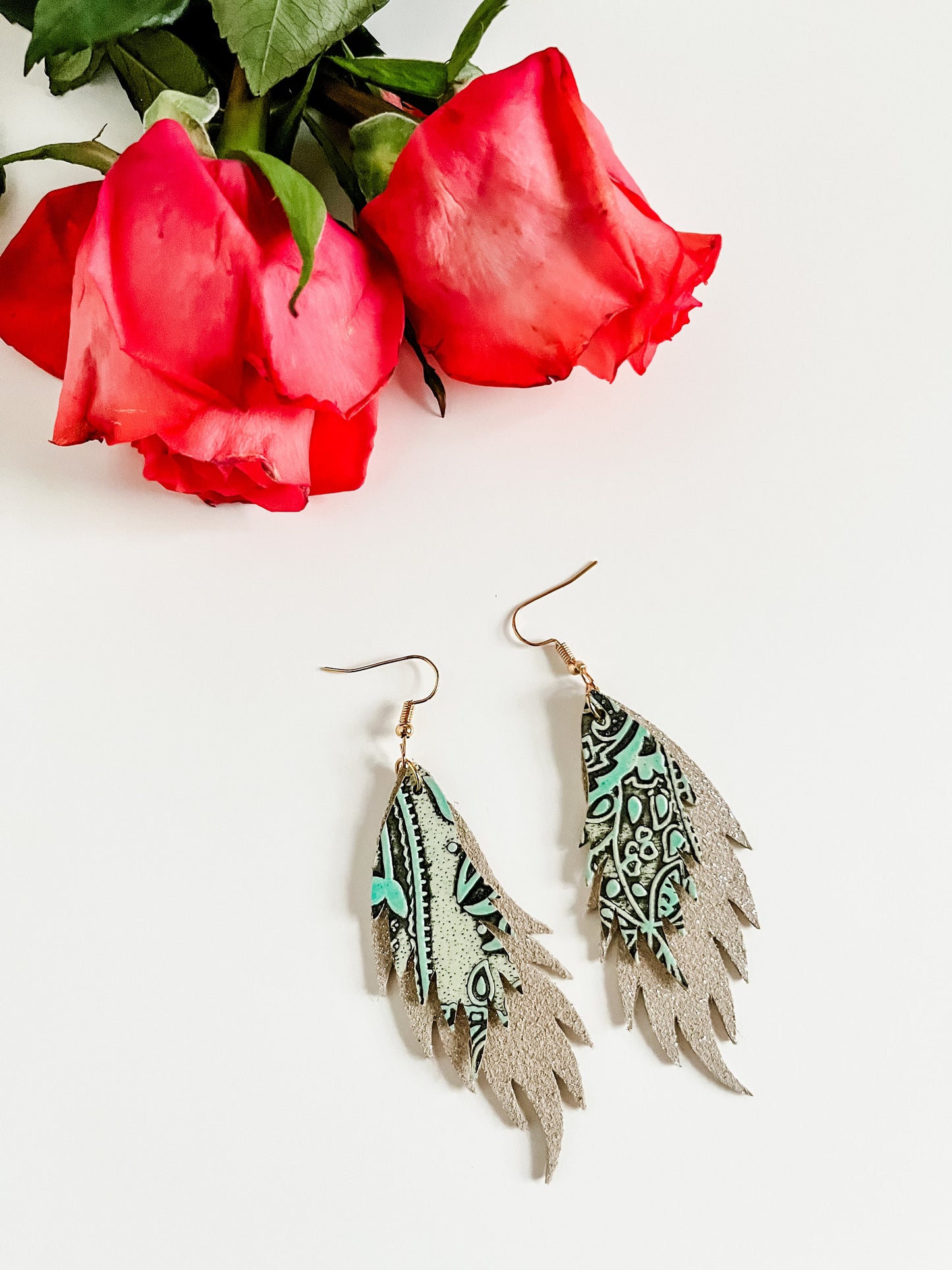 Funky Feather Earrings in Mint Paisley Embossed Leather, Coastal Cowgirl Earrings, Western Country Chic Earrings, Gift for Cowgirl