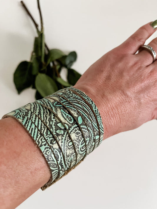 Western Leather Slice Bracelet, Mint Paisley Embossed Leather Bracelet, Western Cuff Bracelet, Wide Slice Bracelet, Coastal Cowgirl Jewelry