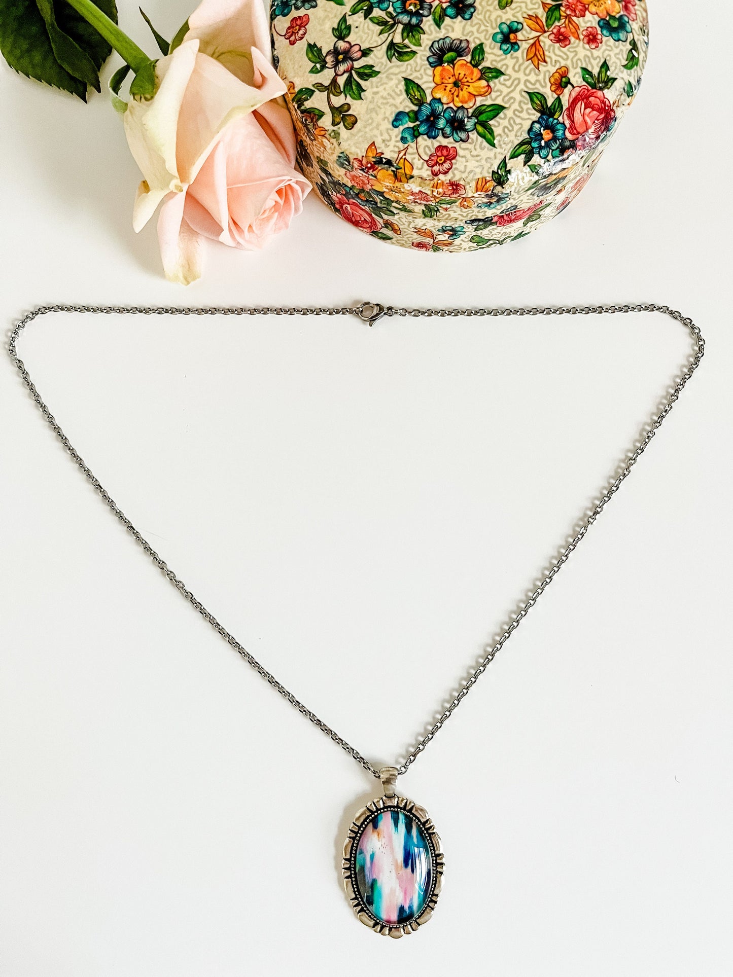 Pretty Brushstroke Pendant Necklace, Boho Chic Necklace, Coastal Cowgirl Necklace, Blue Pink Peach Aqua, Best Friend Birthday Gift for Her