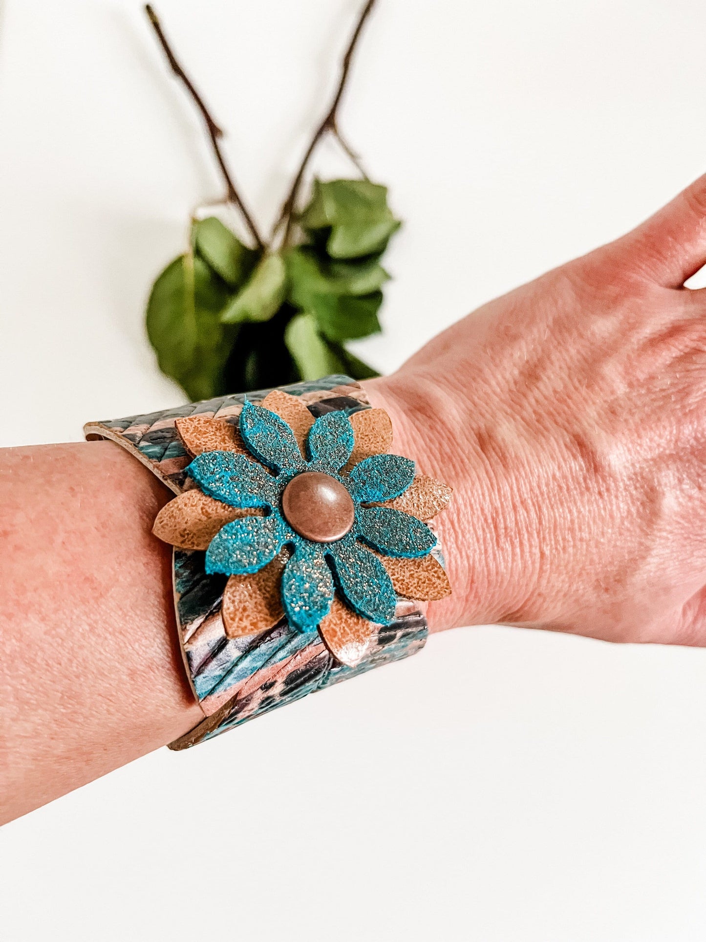 Western Feather Cuff Bracelet, Teal and Leopard Abstract Print Bracelet with Leather Flower, Coastal Cowgirl Jewelry, Animal Print Bracelet