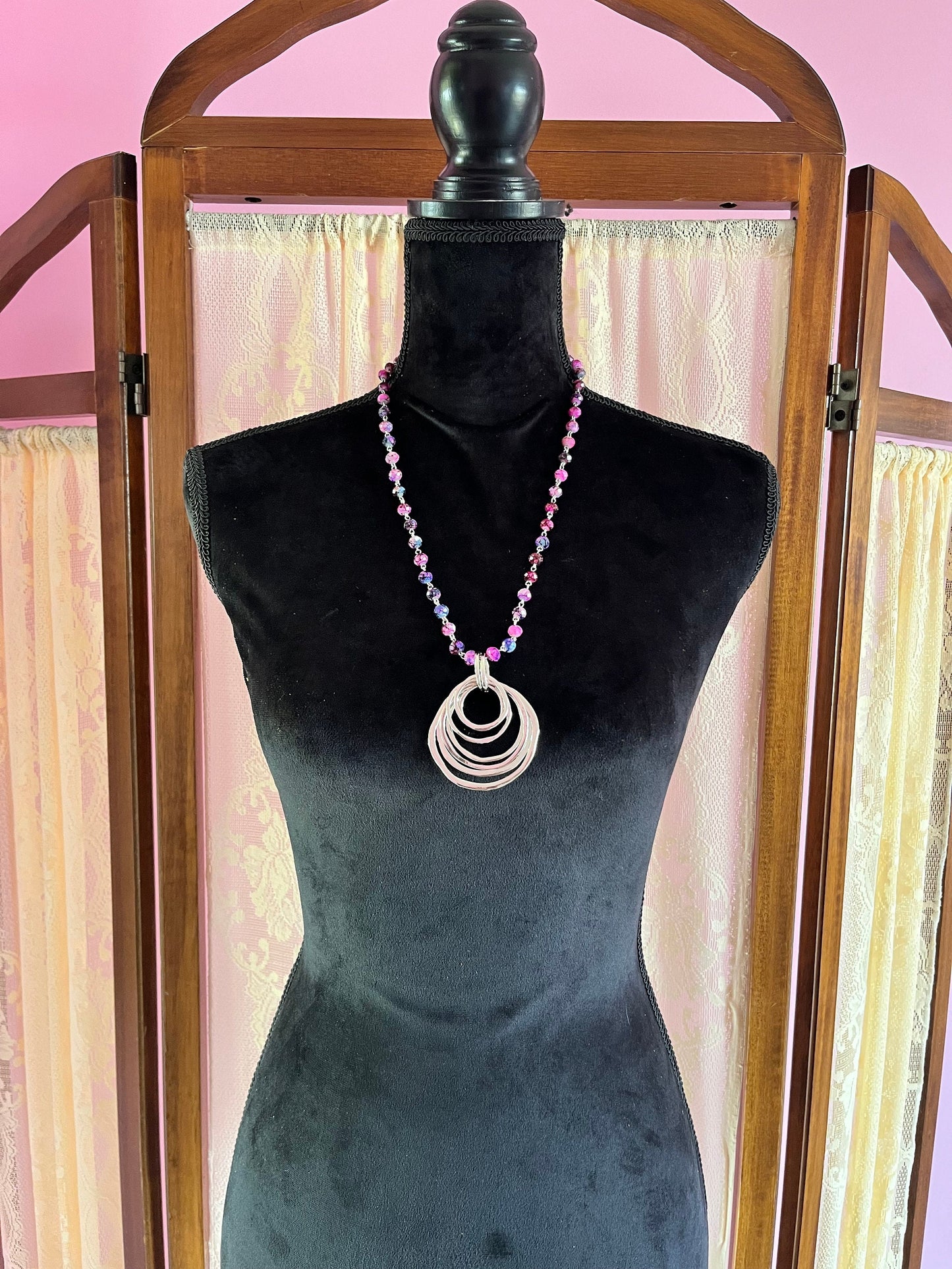 Silver Open Circles Necklace, Pink Purple Rosary Bead Chain Necklace, Berry Jewelry, Boho Chic Maximalist Necklace, Birthday Gift for Her