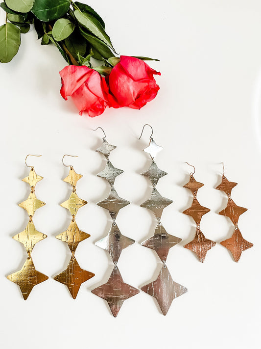 North Star Earrings in Metallic Cork on Leather, Big Star Earrings, Maximalist Earrings, Festival Earrings, Silver, Gold, Rose Gold