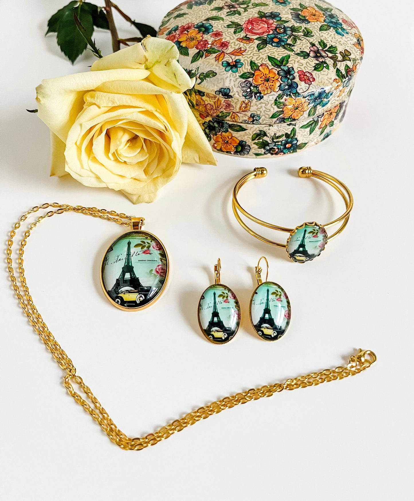 Eiffel Tower Jewelry Set, Gold Jewelry with Vintage Paris Scene, Gift for Her, Eiffel Tower Pendant Necklace, Eiffel Tower Earrings Bracelet